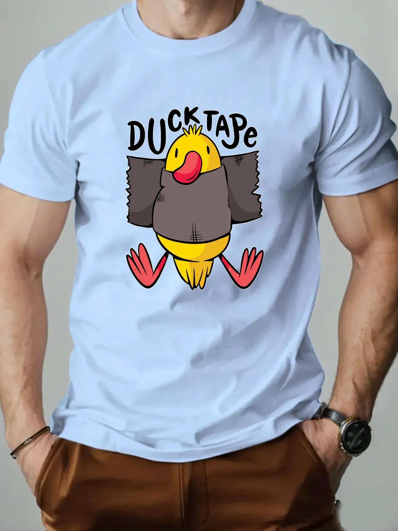 Men's summer 100% pure cotton fashionable casual sports loose duck pattern printed round neck short sleeved T-shirt top