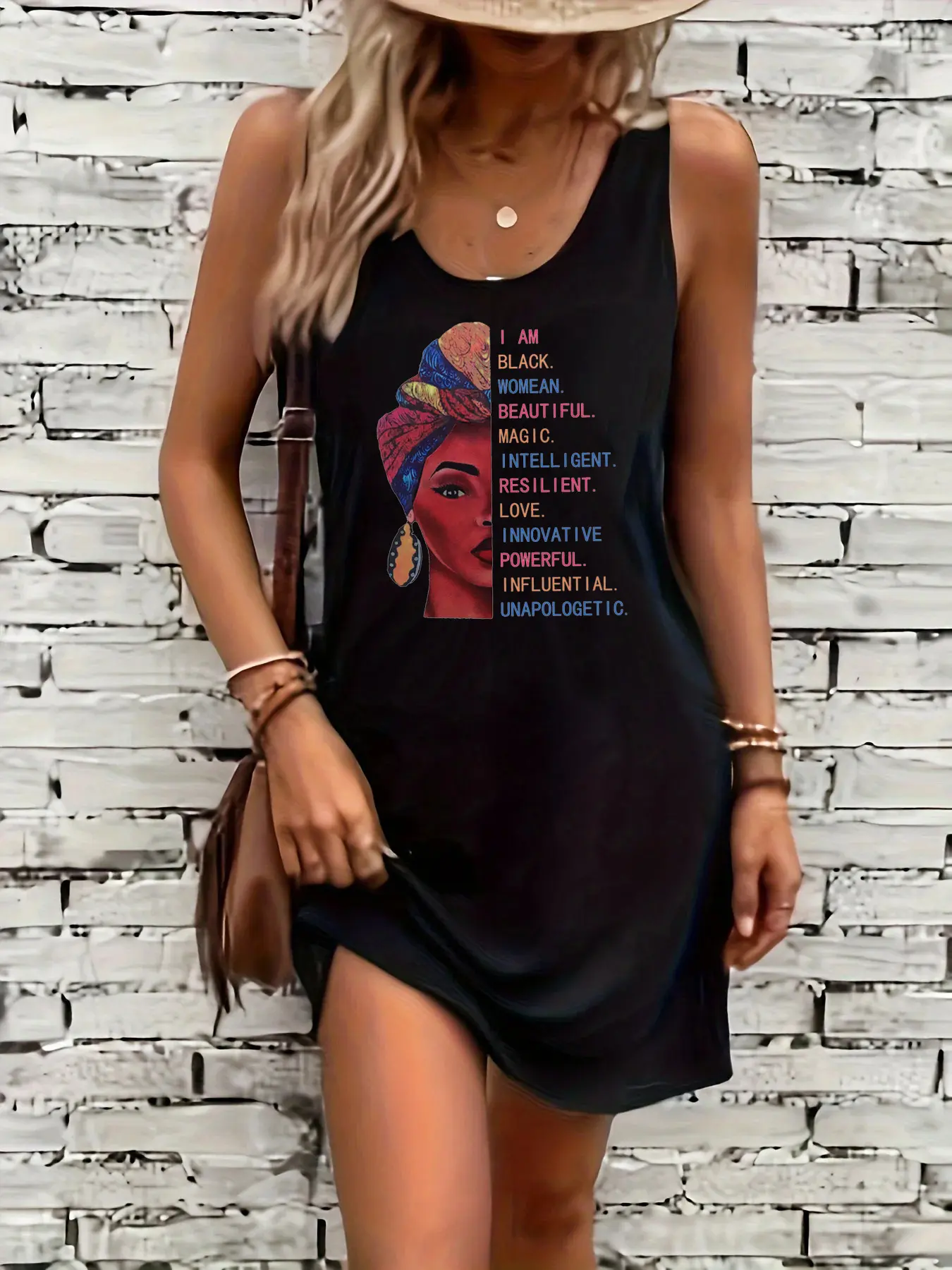 Women's summer loose and comfortable casual classic love and peace pattern printed black sleeveless vest dress punk style dress