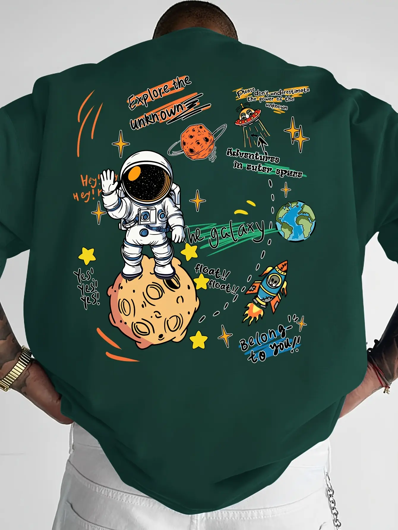 Men's summer 100% pure cotton fashionable casual sports loose cartoon astronaut print round neck short sleeved T-shirt top