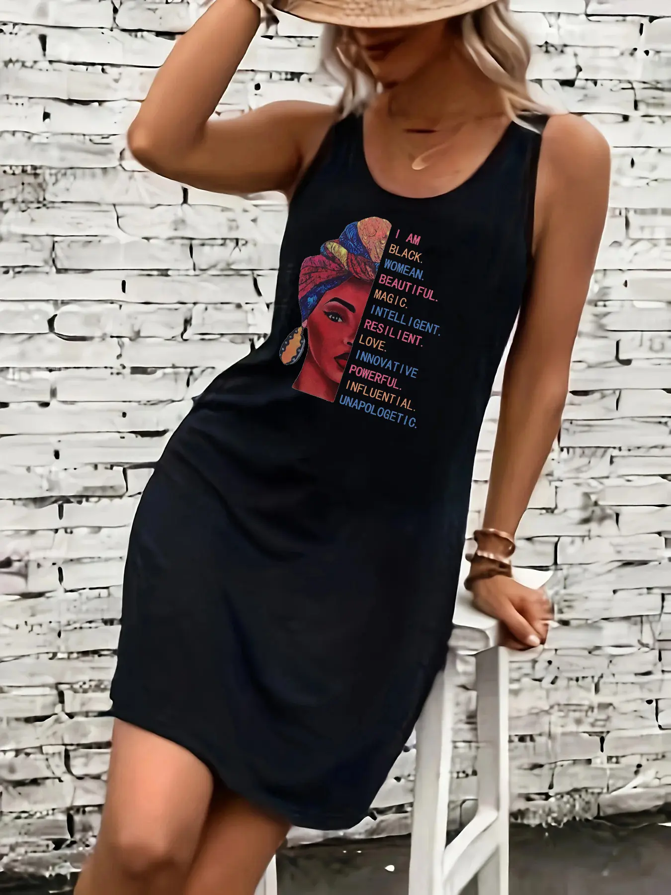 Women's summer loose and comfortable casual classic love and peace pattern printed black sleeveless vest dress punk style dress