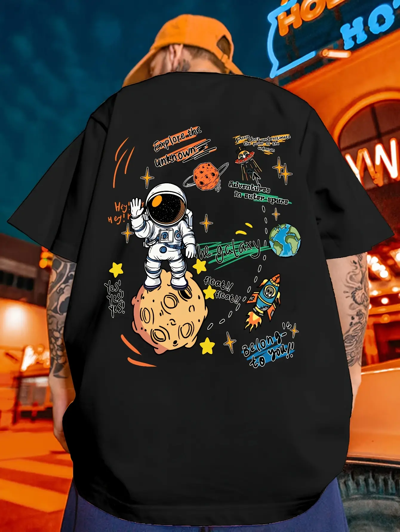 Men's summer 100% pure cotton fashionable casual sports loose cartoon astronaut print round neck short sleeved T-shirt top