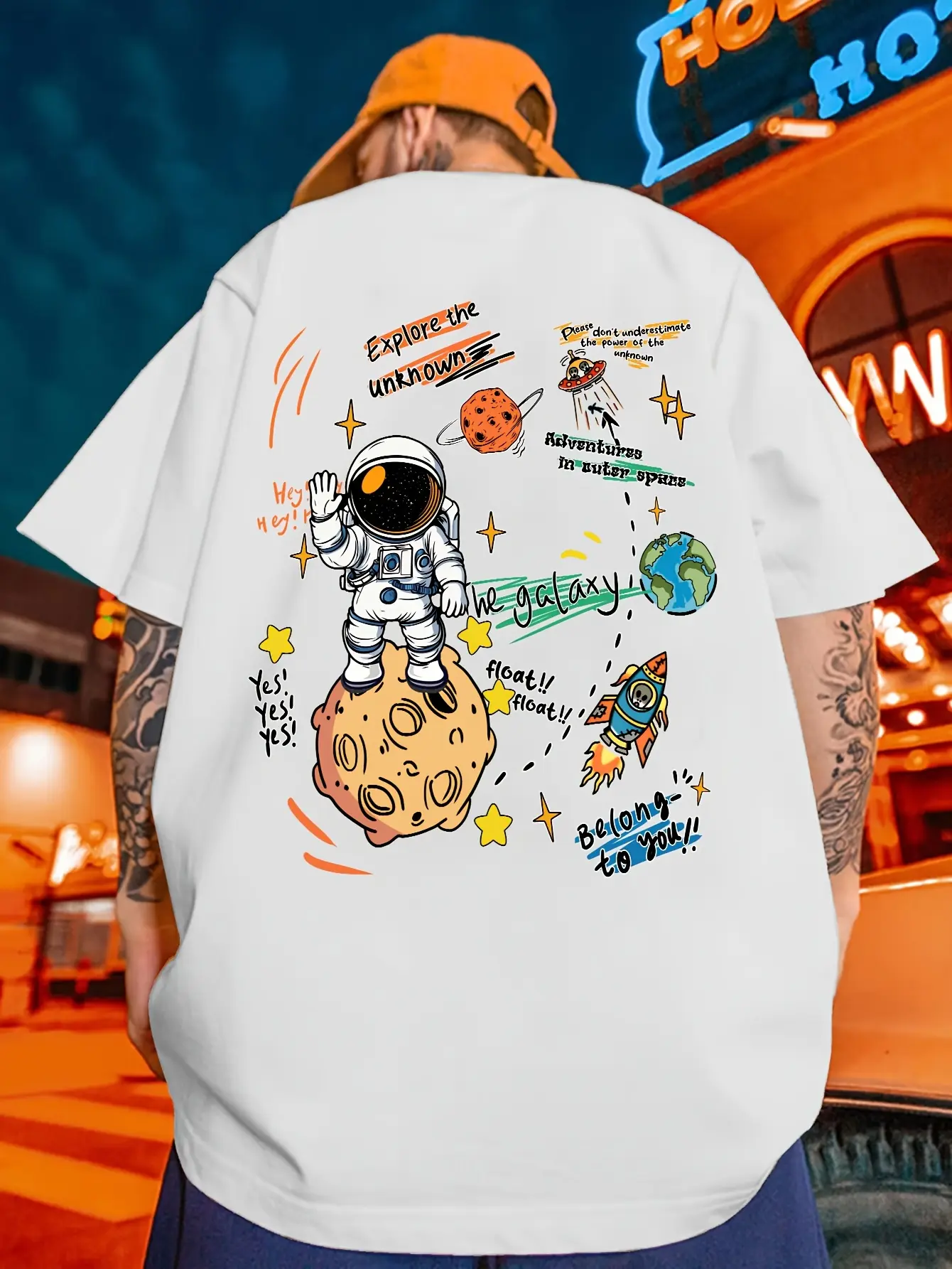 Men's summer 100% pure cotton fashionable casual sports loose cartoon astronaut print round neck short sleeved T-shirt top