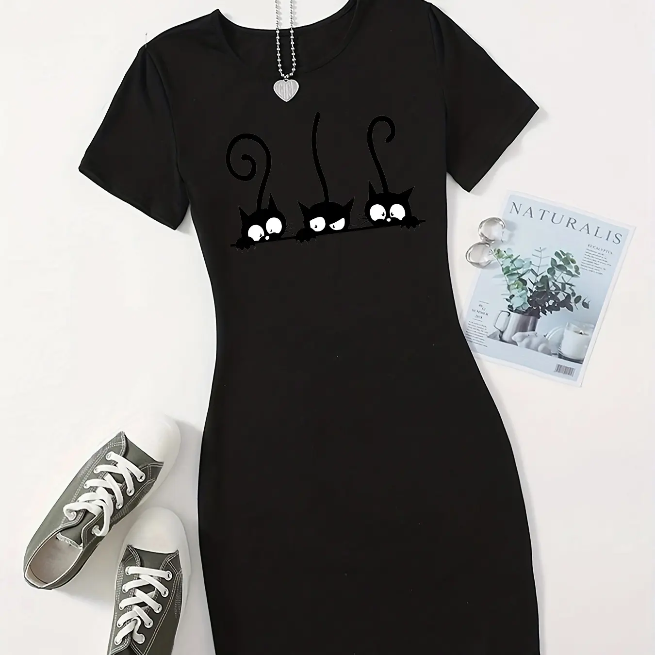 Summer women's fashionable cat pattern printed casual sexy slim fit short sleeved round neck mini dress