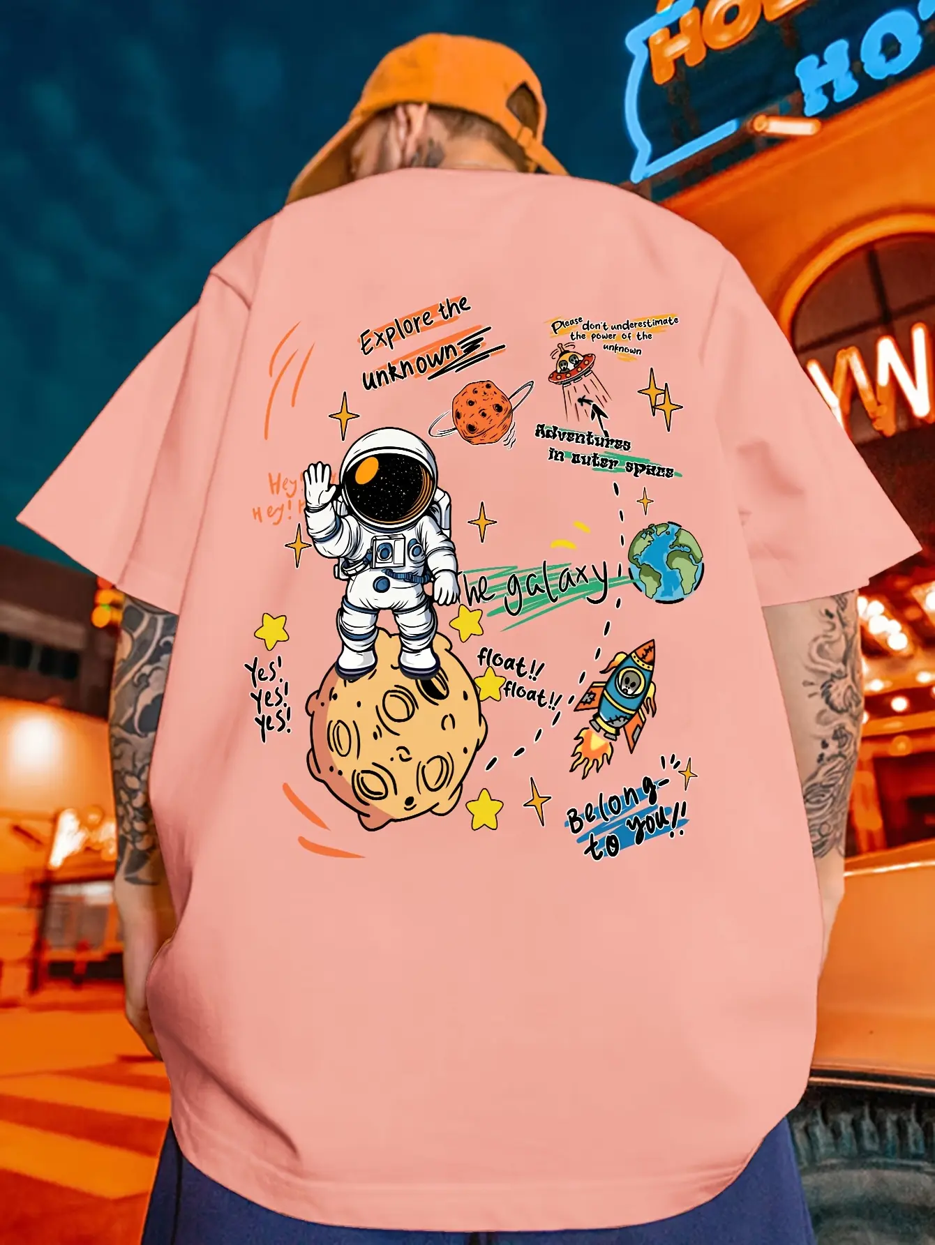 Men's summer 100% pure cotton fashionable casual sports loose cartoon astronaut print round neck short sleeved T-shirt top