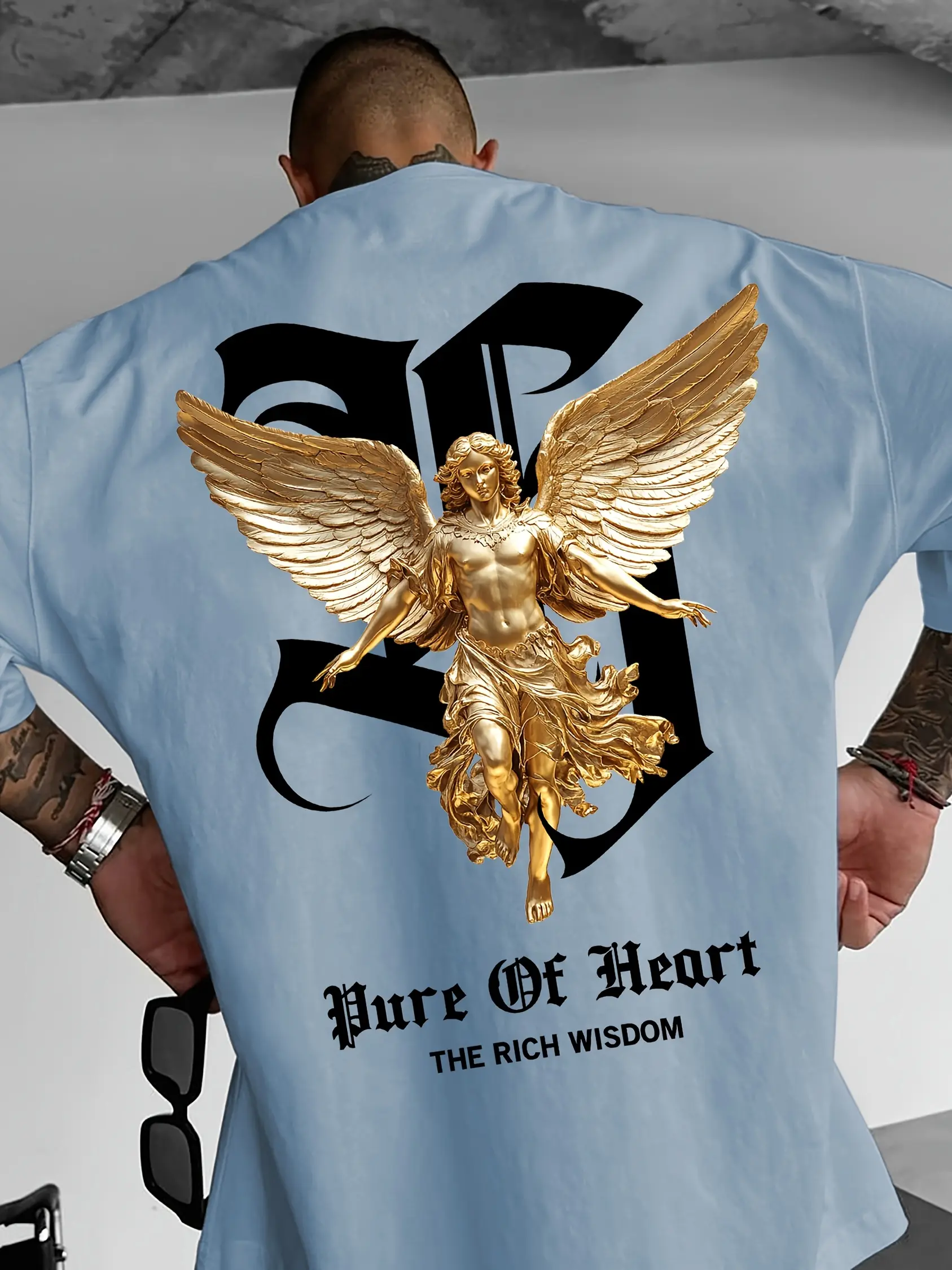 Men's summer 100% pure cotton fashionable casual sports loose angel pattern letter print round neck short sleeved T-shirt top