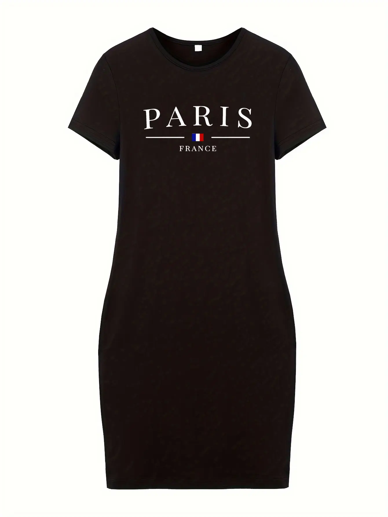 Summer women's fashionable French Paris pattern print casual sexy slim fit short sleeved round neck mini dress