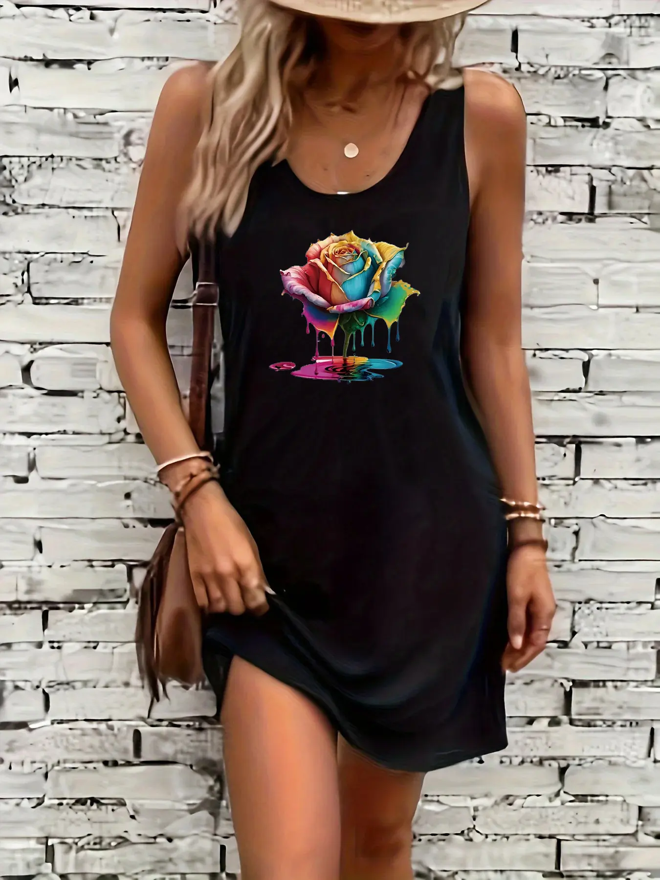 Women's summer loose and comfortable casual classic letter pattern printed black sleeveless vest dress punk style dress