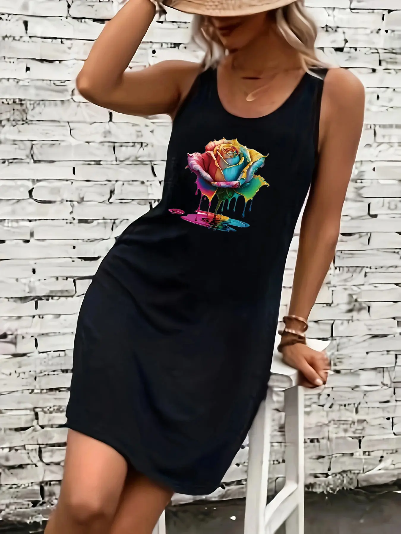 Women's summer loose and comfortable casual classic letter pattern printed black sleeveless vest dress punk style dress
