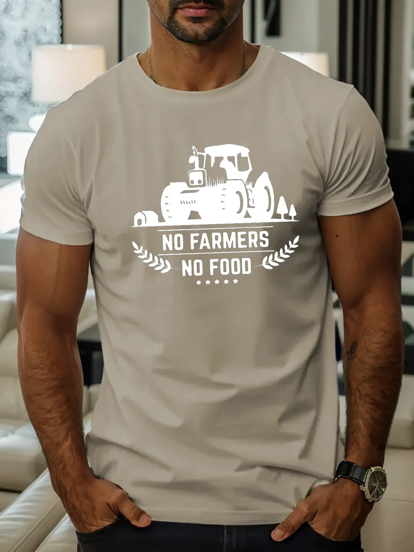 Men's summer 100% pure cotton fashionable casual loose NO FARMERS NO FOOD printed round neck short sleeved T-shirt top