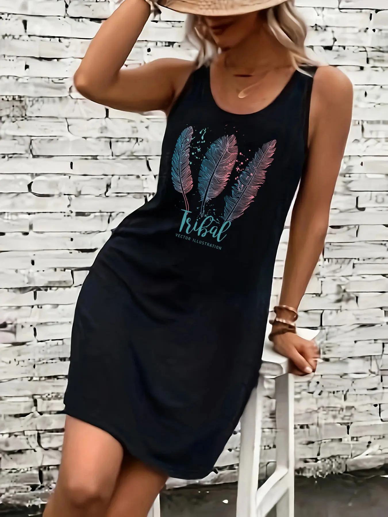 Women's summer loose and comfortable casual feather letter pattern printed black sleeveless vest skirt punk style dress