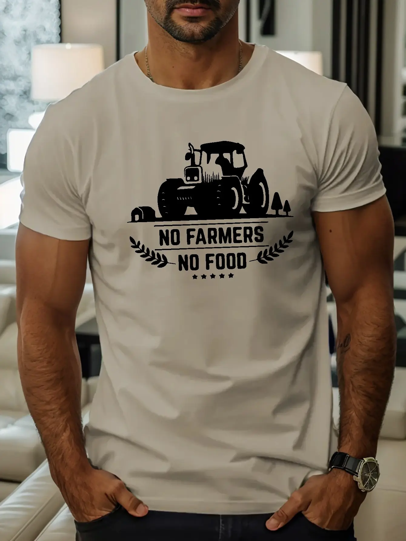 Men's summer 100% pure cotton fashionable casual loose NO FARMERS NO FOOD printed round neck short sleeved T-shirt top