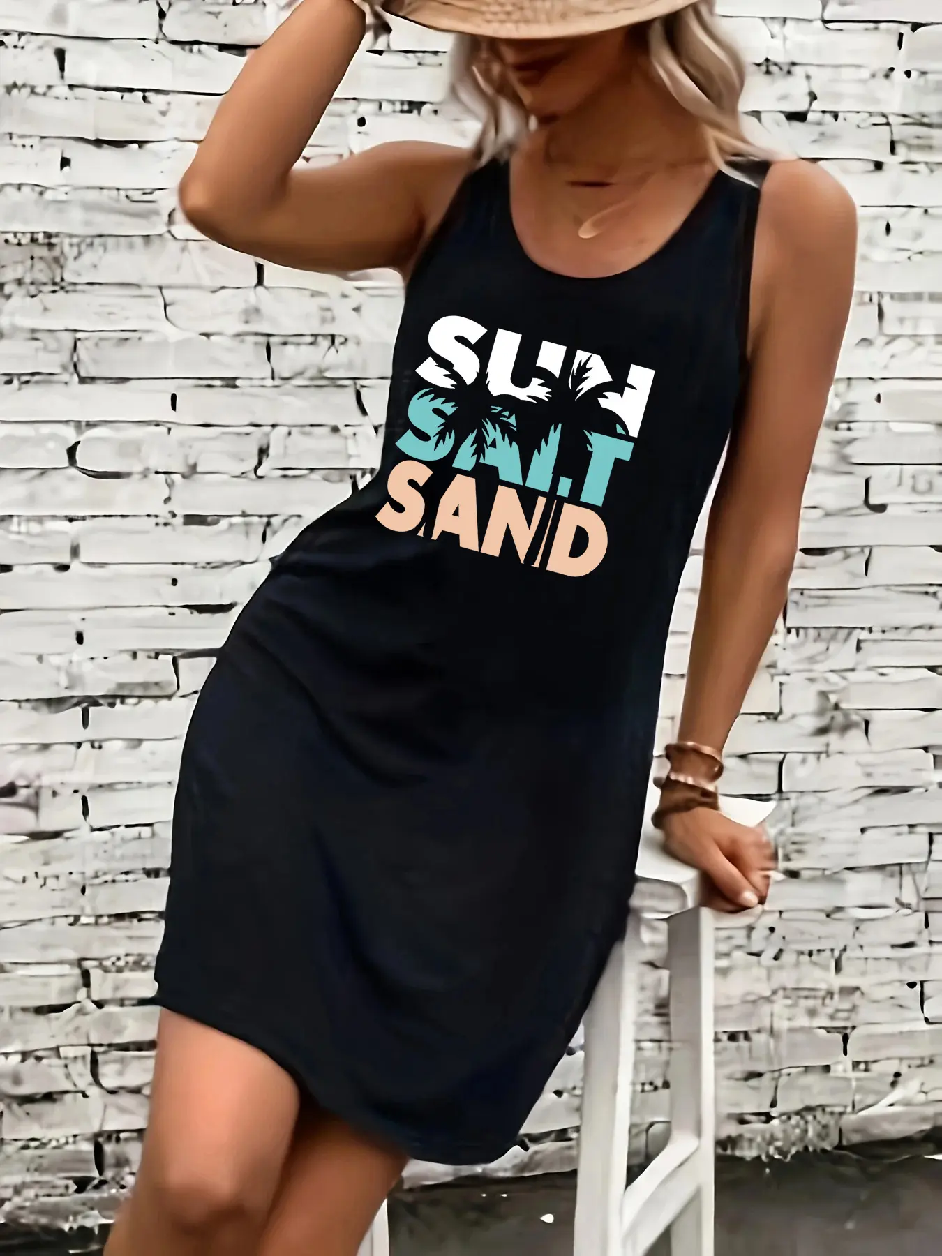 Women's summer loose and comfortable casual feather letter pattern printed black sleeveless vest skirt punk style dress