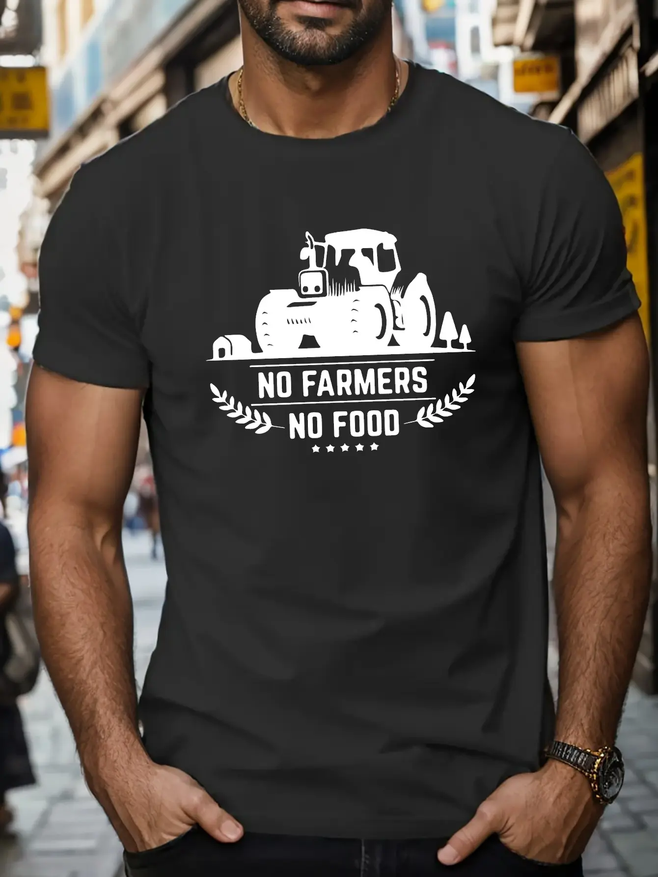 Men's summer 100% pure cotton fashionable casual loose NO FARMERS NO FOOD printed round neck short sleeved T-shirt top