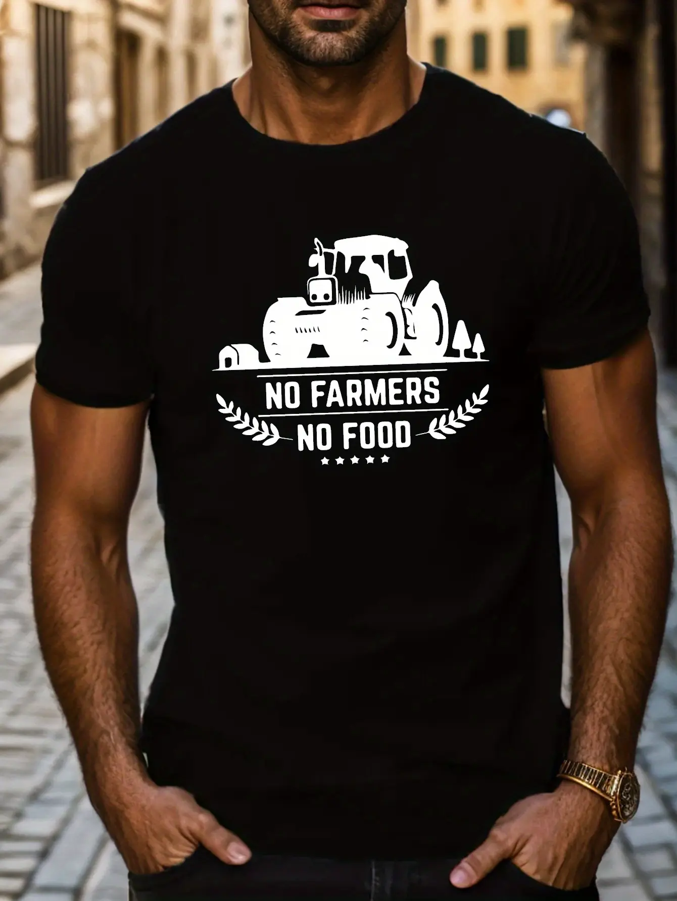 Men's summer 100% pure cotton fashionable casual loose NO FARMERS NO FOOD printed round neck short sleeved T-shirt top
