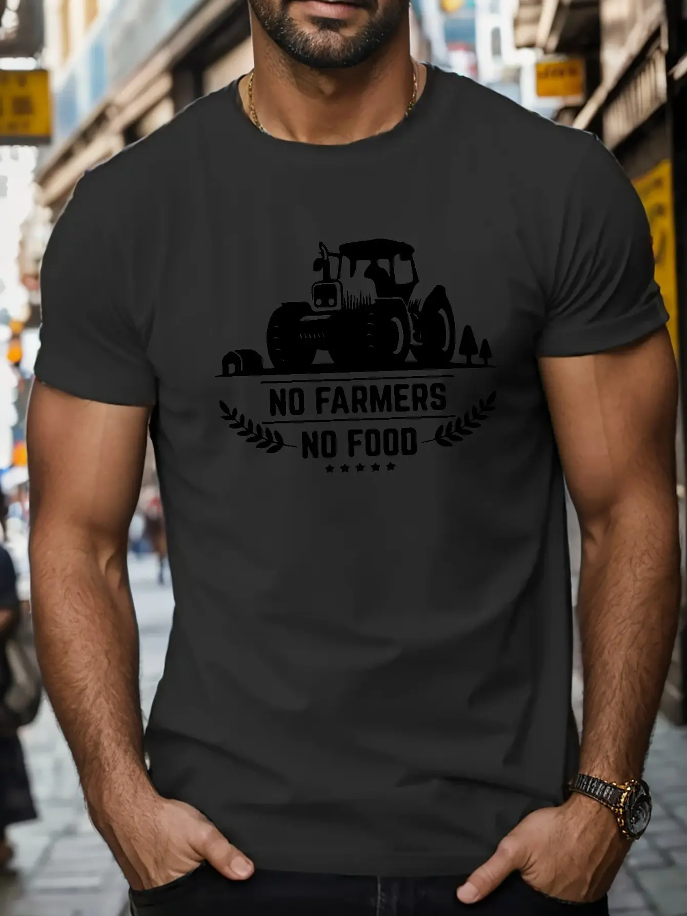 Men's summer 100% pure cotton fashionable casual loose NO FARMERS NO FOOD printed round neck short sleeved T-shirt top