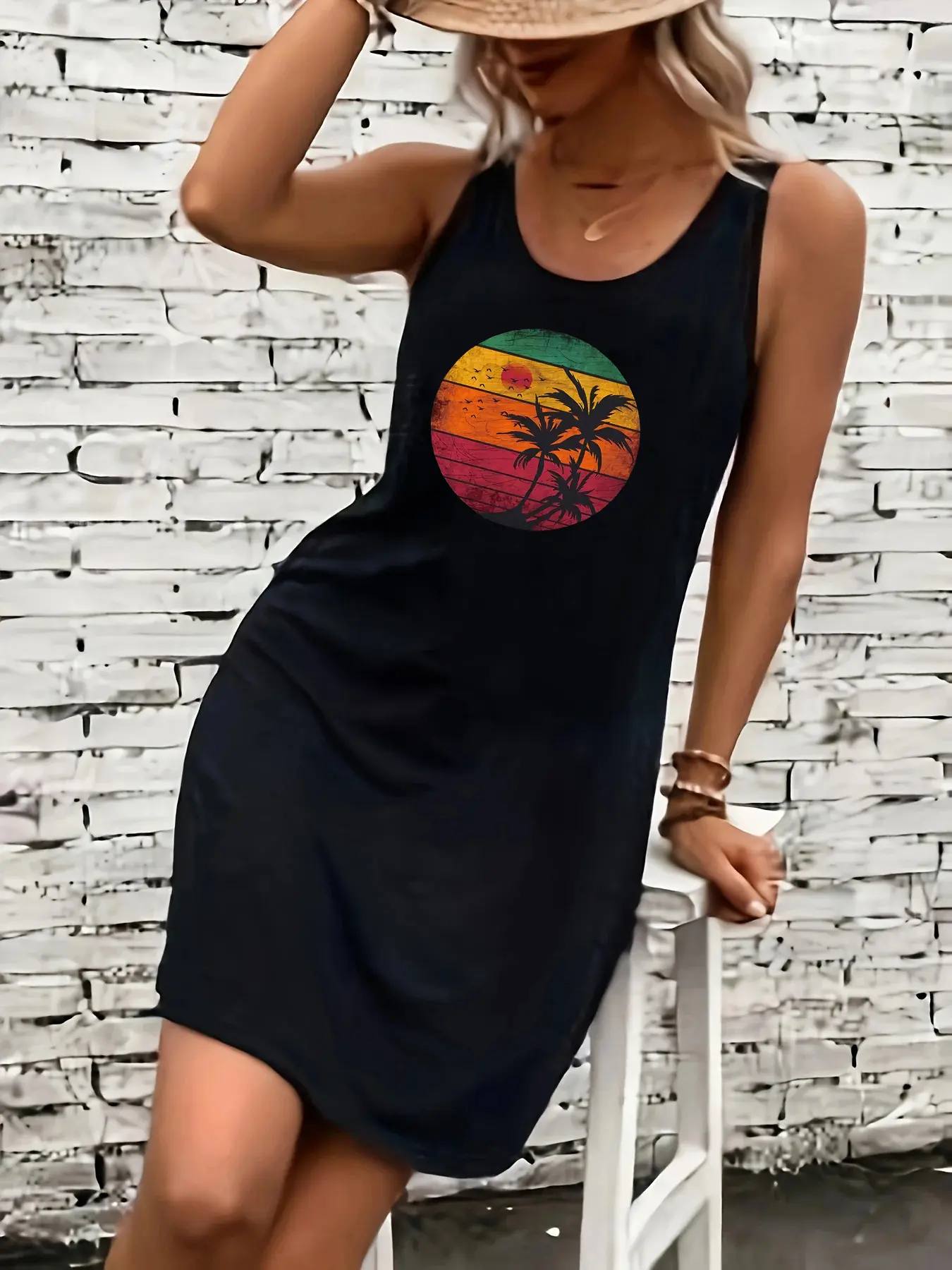 Women's summer loose and comfortable casual sunset coconut tree pattern printed black sleeveless vest skirt punk style dress