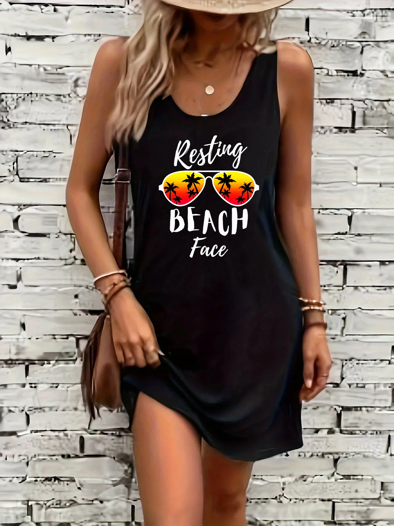 Women's summer loose and comfortable casual sunset coconut tree pattern printed black sleeveless vest skirt punk style dress