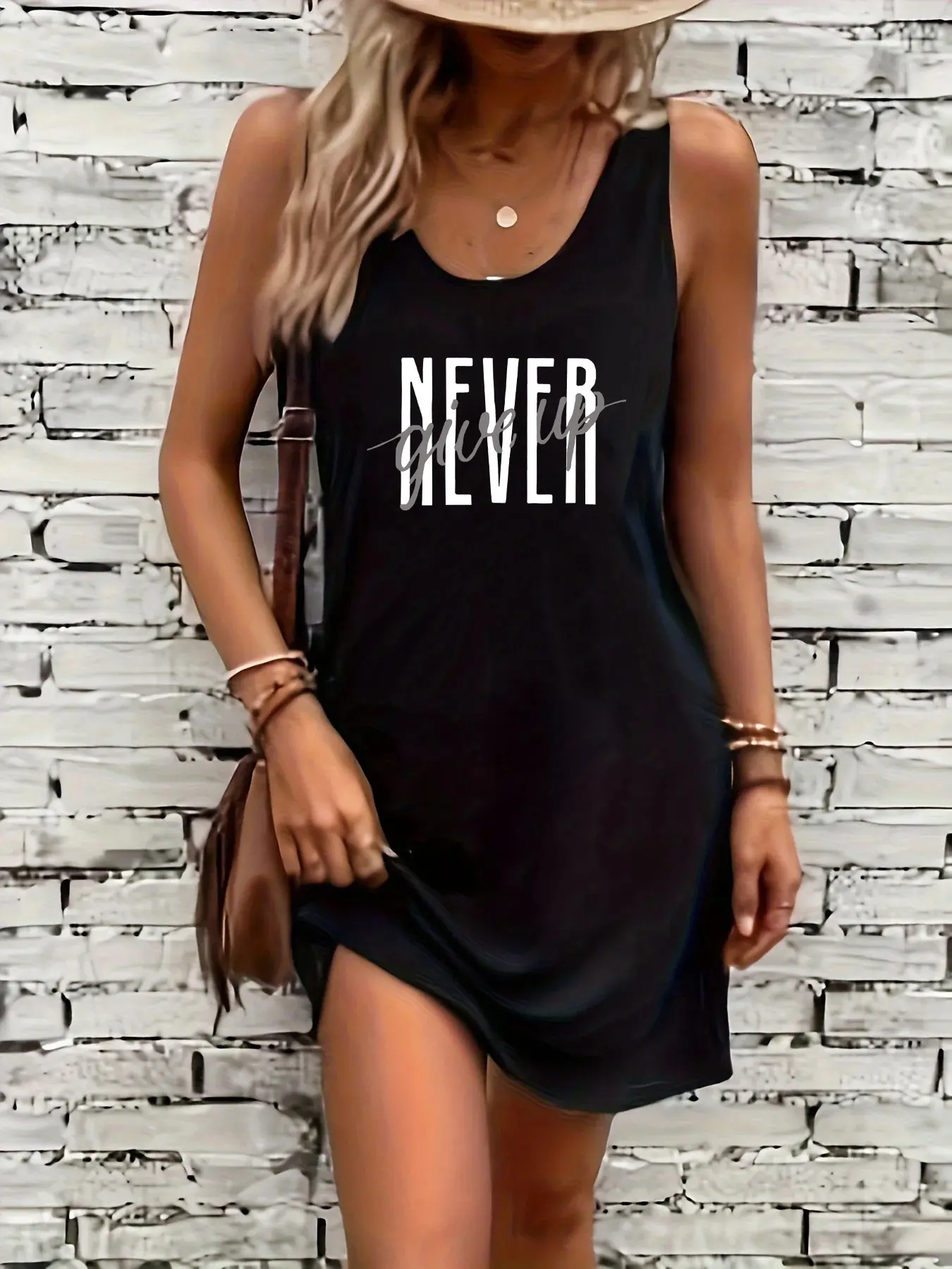 Women's summer loose and comfortable casual MELANIN letter pattern printed black sleeveless vest dress punk style dress
