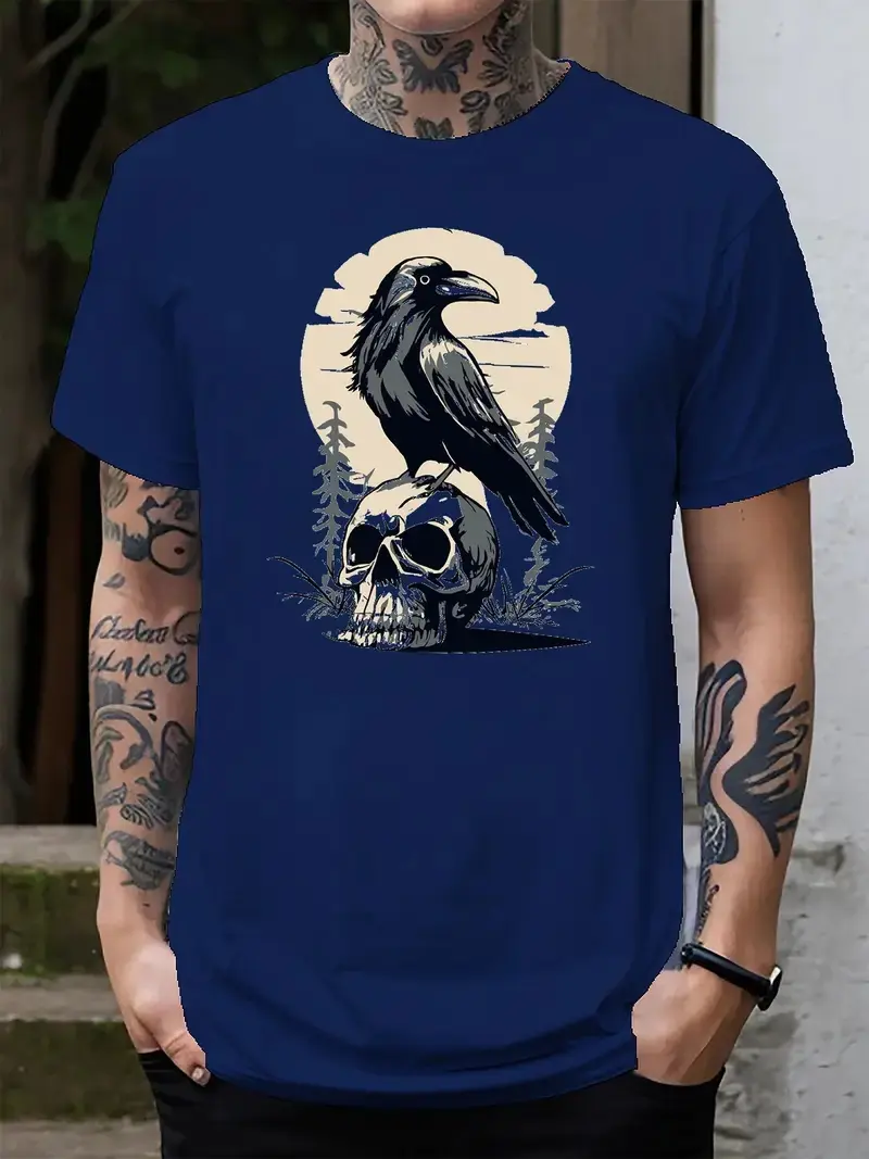 Men's summer 100% pure cotton fashionable casual loose skull and crow pattern printed round neck short sleeved T-shirt top
