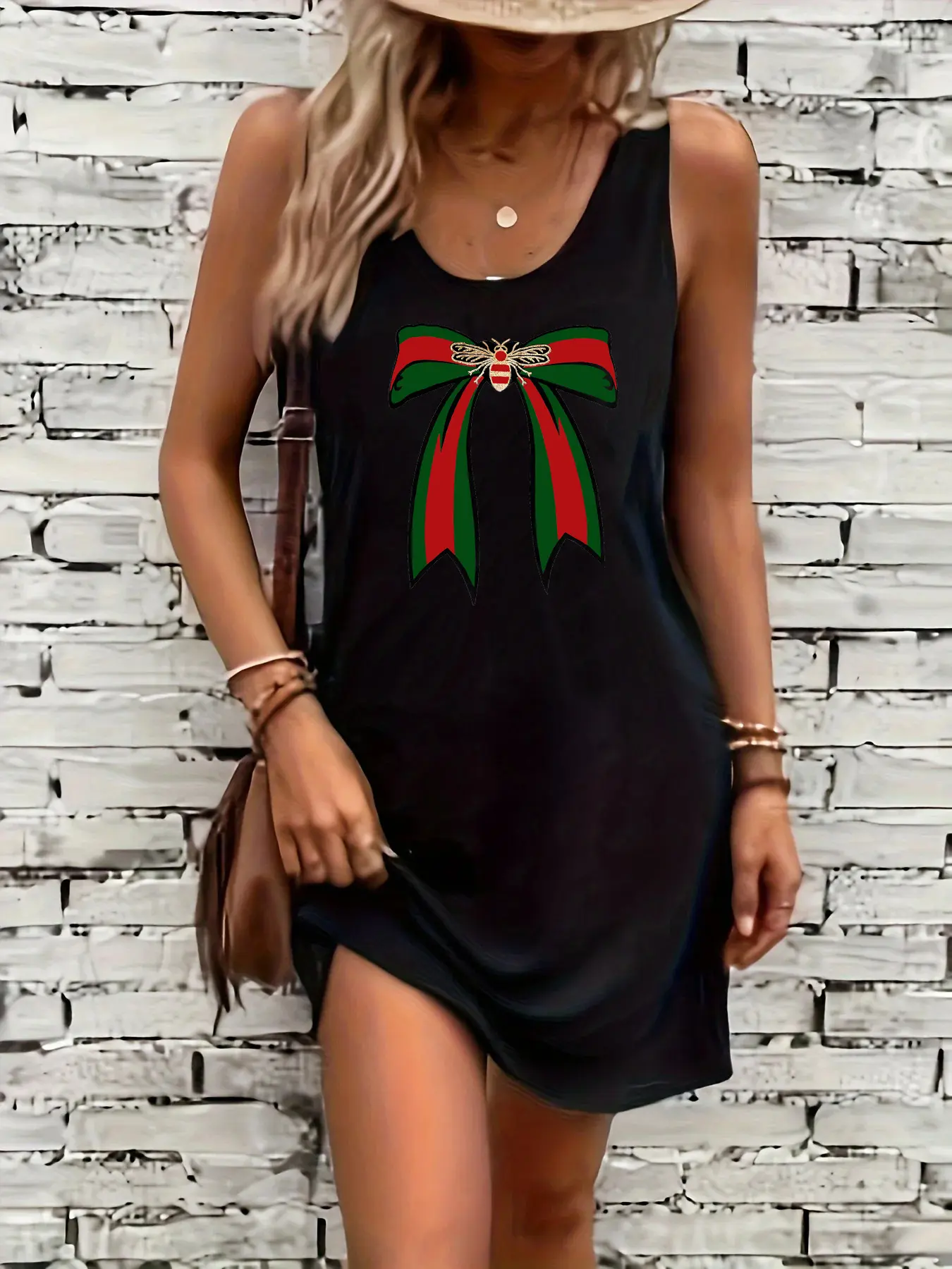 Women's summer loose and comfortable casual New York City pattern printed black sleeveless vest dress punk style dress