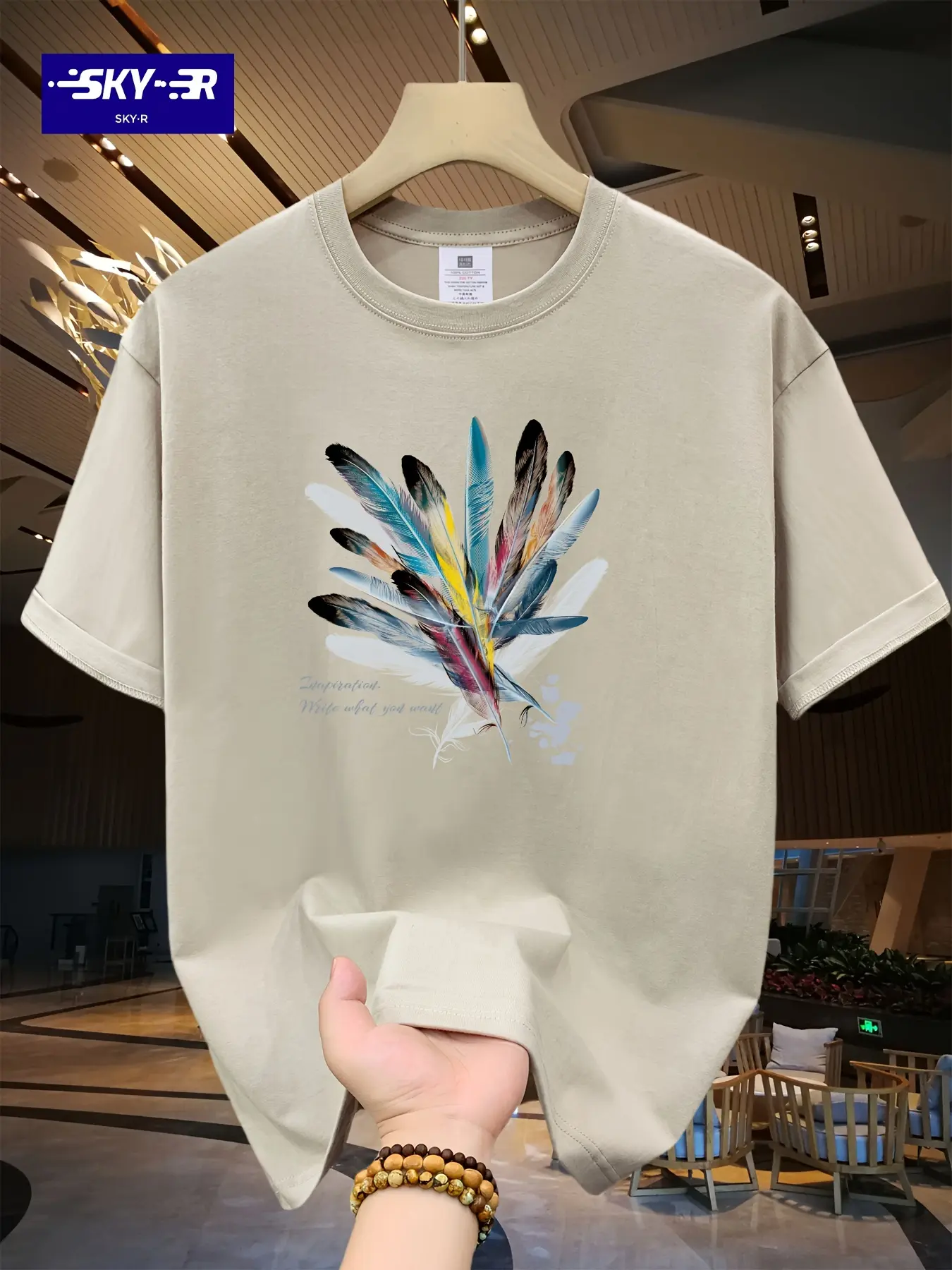 Men's summer 100% pure cotton fashionable casual loose sports cartoon feather pattern printed round neck short sleeved T-shirt