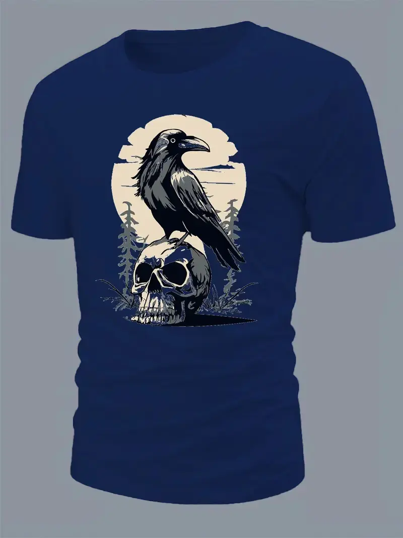 Men's summer 100% pure cotton fashionable casual loose skull and crow pattern printed round neck short sleeved T-shirt top