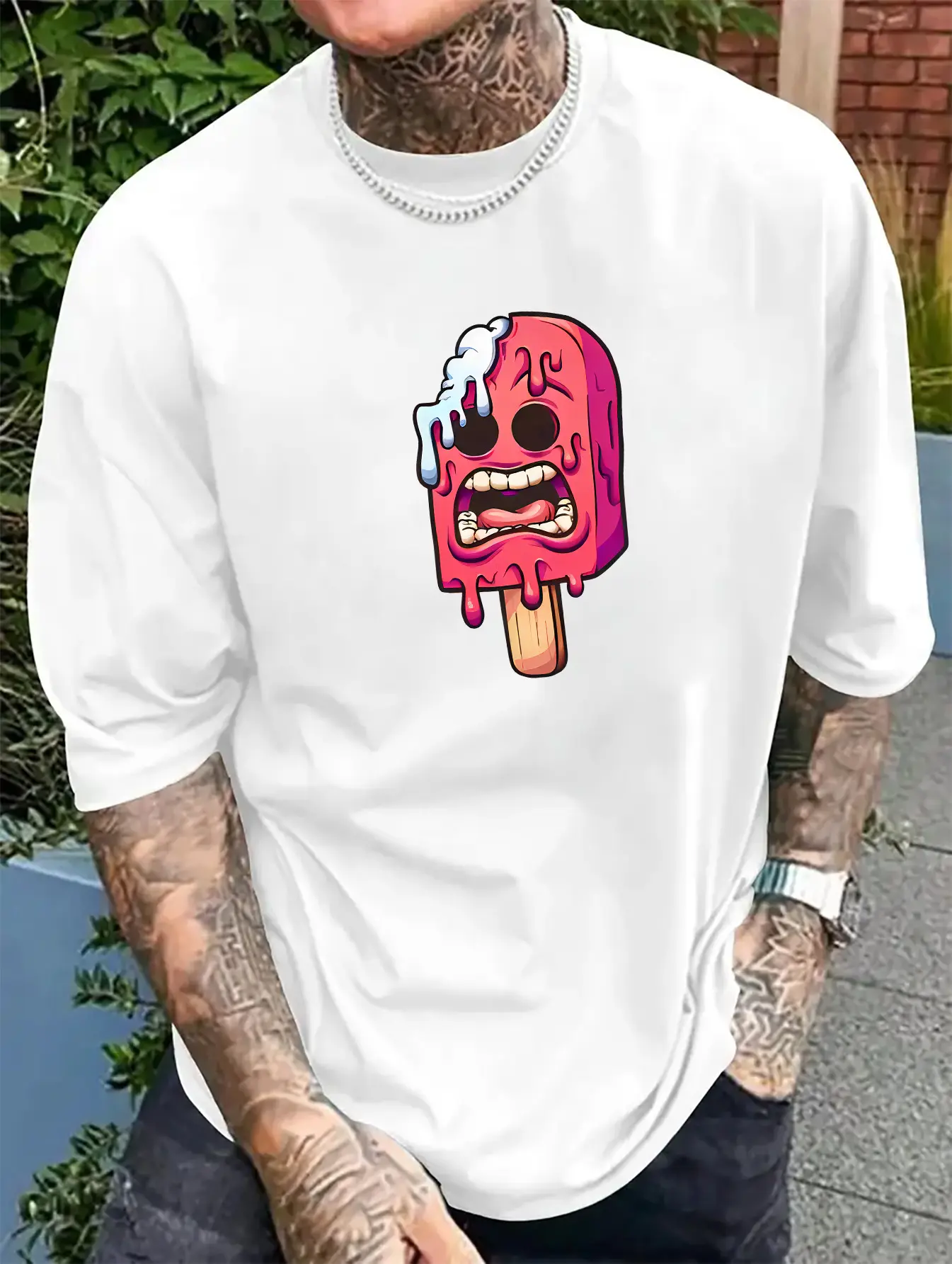 Men's summer 100% pure cotton fashionable casual sports loose ice cream pattern print round neck short sleeved T-shirt top