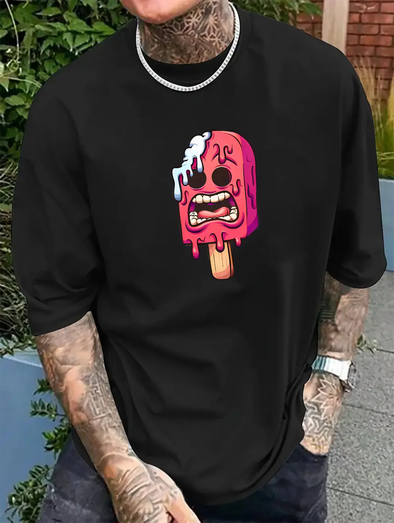 Men's summer 100% pure cotton fashionable casual sports loose ice cream pattern print round neck short sleeved T-shirt top