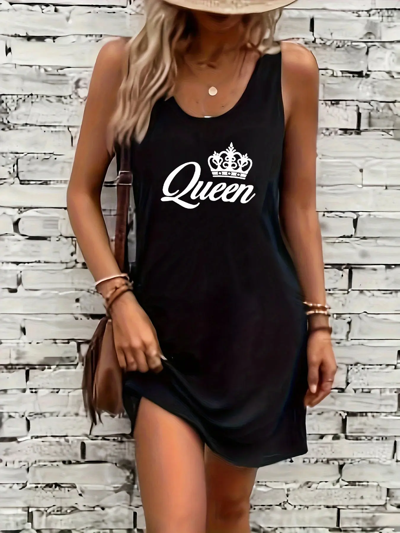 Women's summer loose and comfortable casual it's okay don't worry letter printed black sleeveless vest dress punk style dress