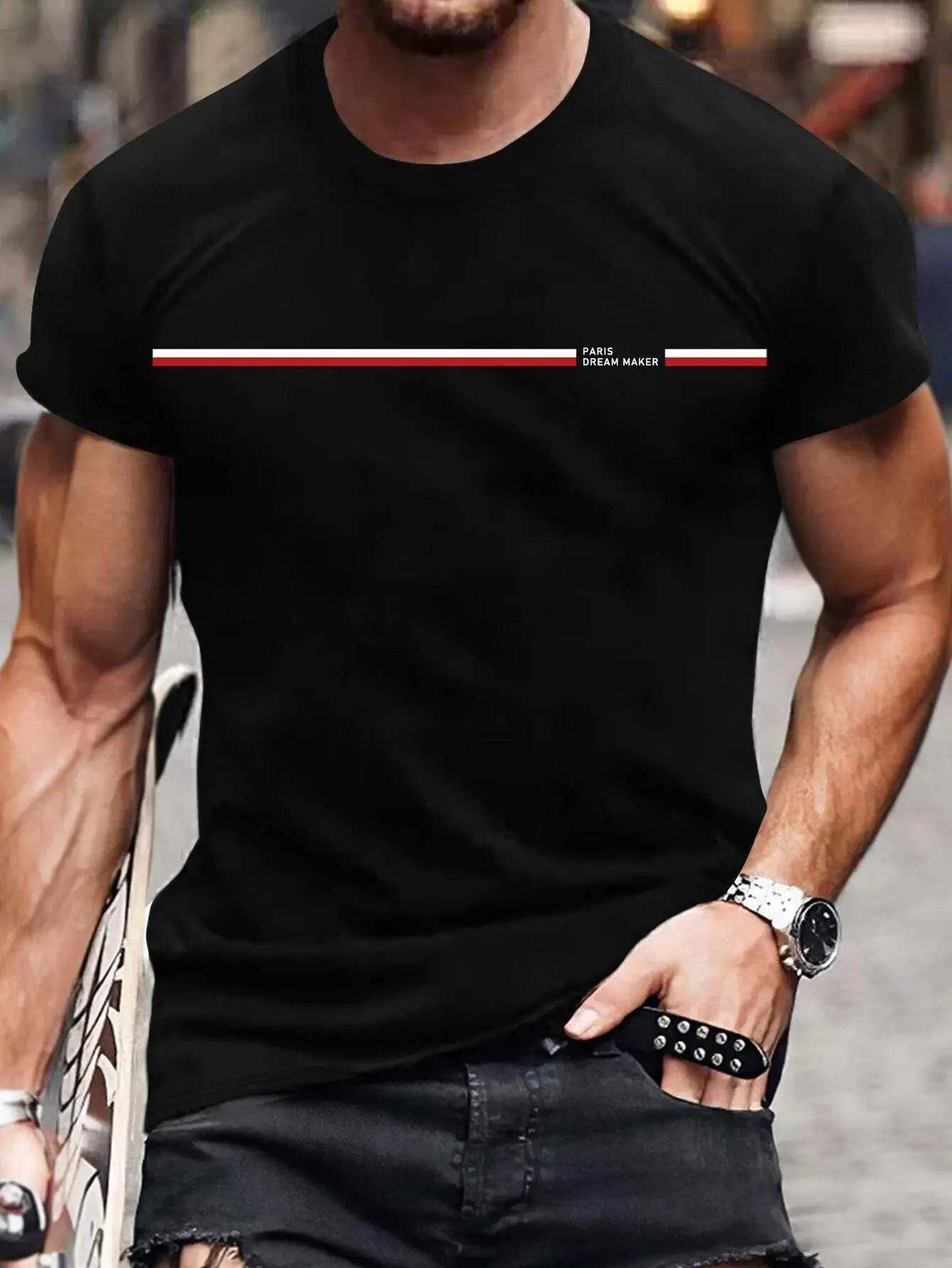 Men's 100% cotton summer loose size PARIS Letter printed slim fit casual sports round neck short sleeved T-shirt top