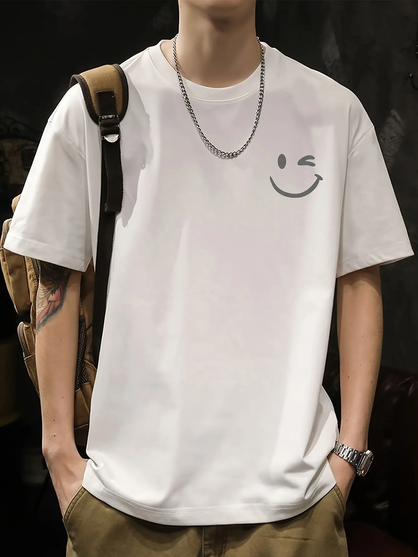 Men's summer 100% pure cotton fashionable casual loose smiling face pattern printed round neck short sleeved T-shirt top