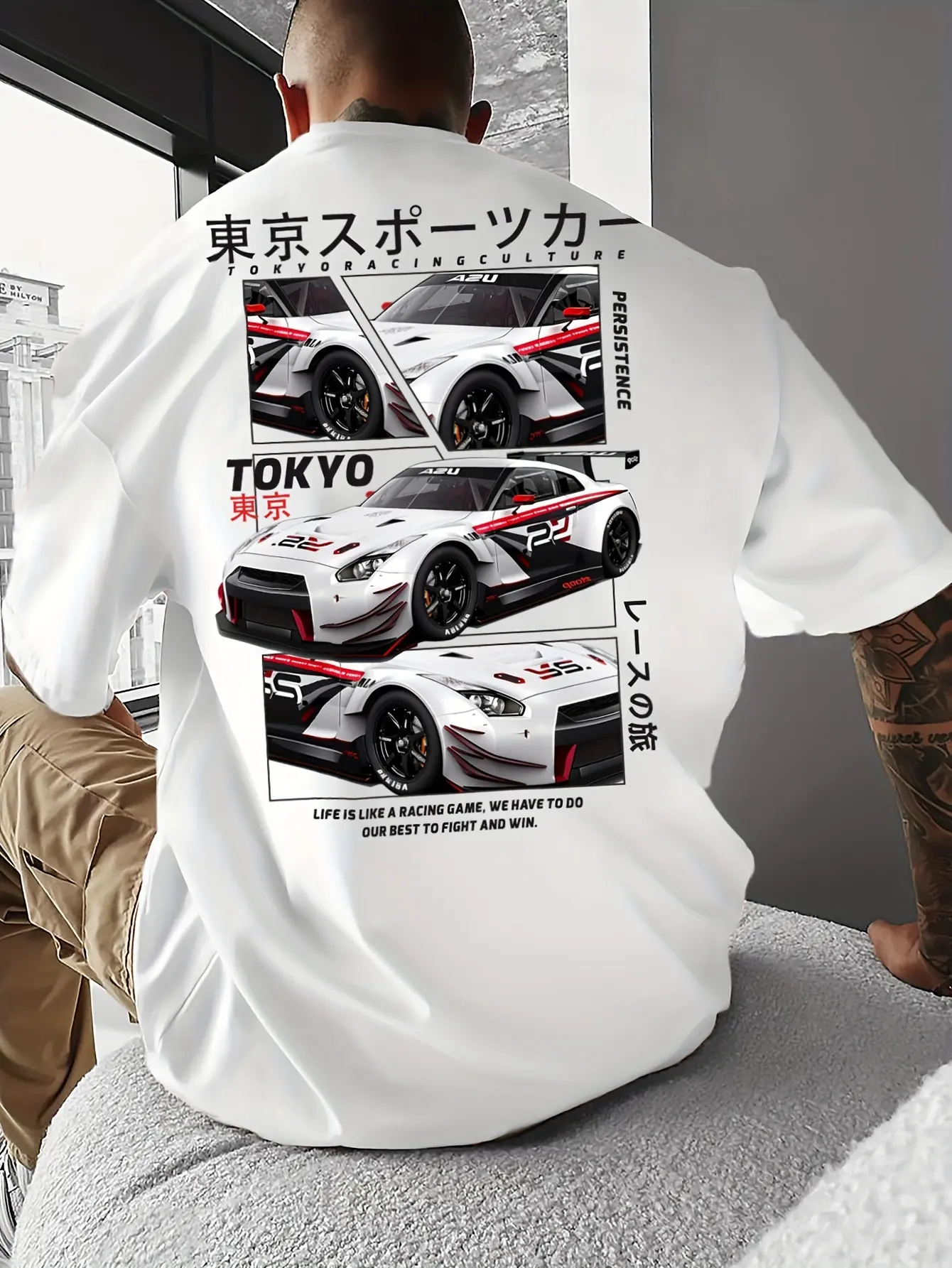 Men's Summer 100% Cotton Fashionable Casual Sports Loose Tokyo Racing Pattern Printed Round Neck Short Sleeve T-shirt Top