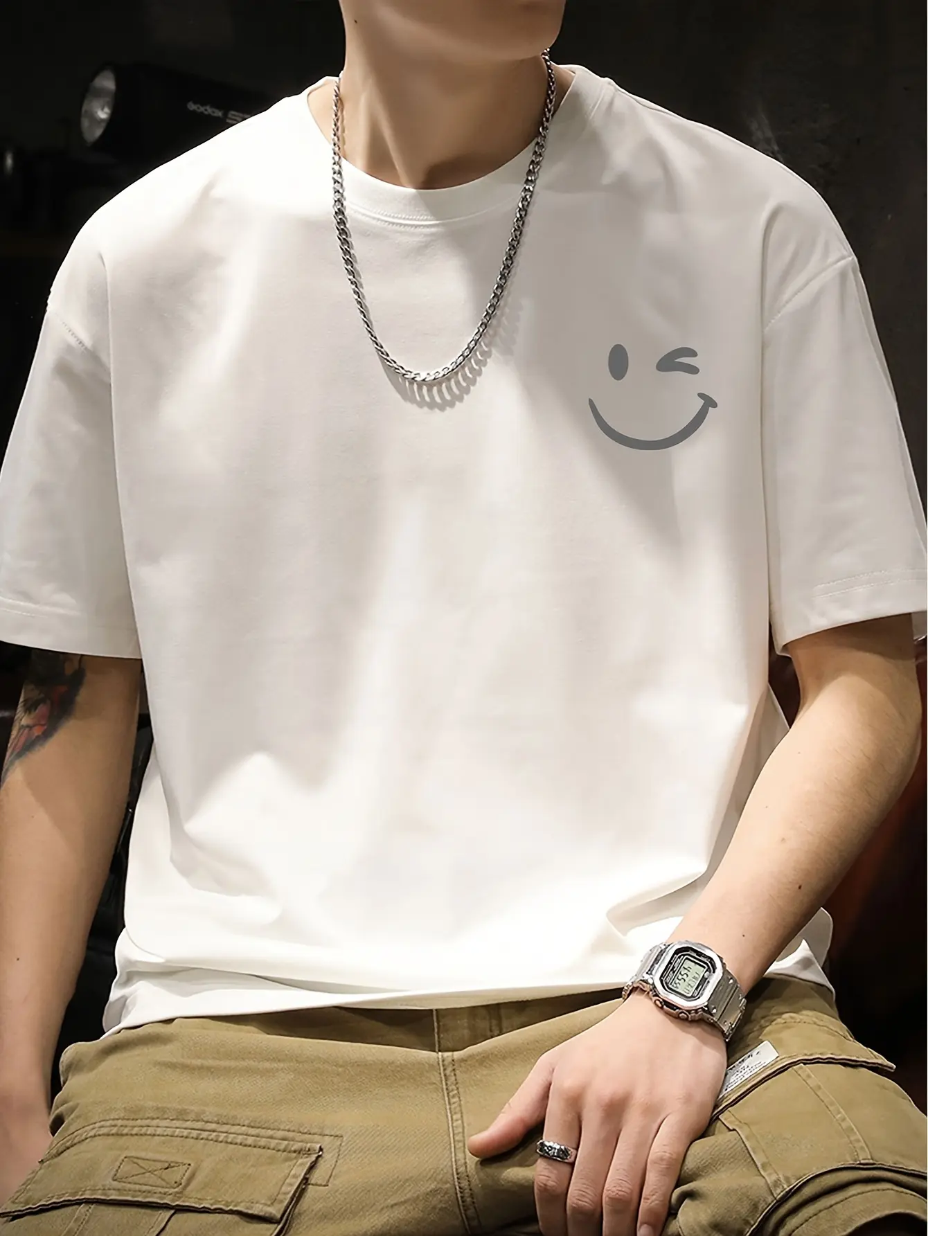 Men's summer 100% pure cotton fashionable casual loose smiling face pattern printed round neck short sleeved T-shirt top