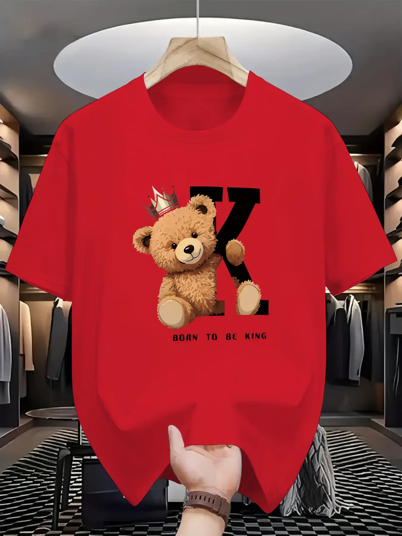 Men's summer 100% pure cotton fashionable casual loose fit big k bear graphic printed round neck short sleeved T-shirt top