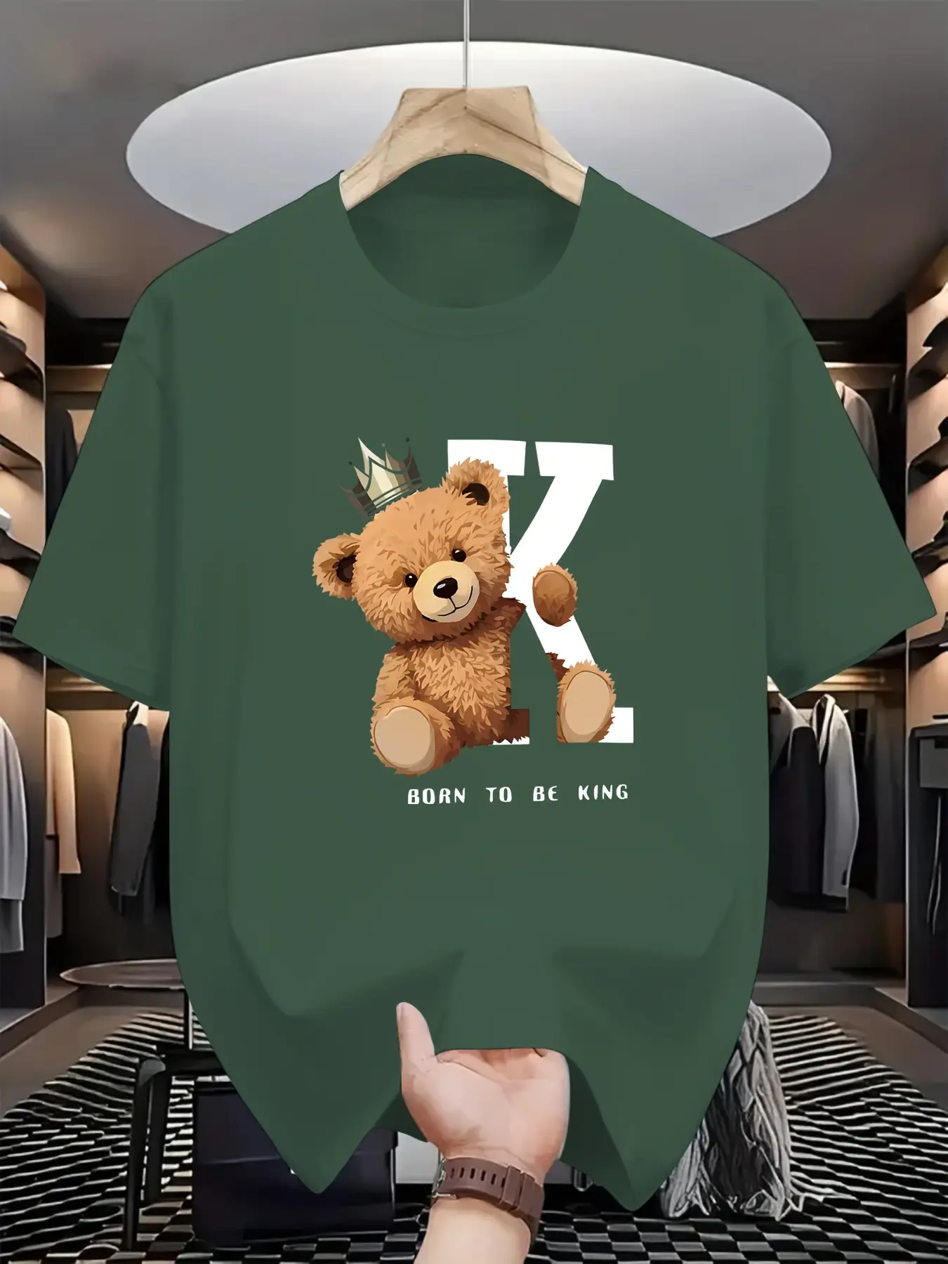 Men's summer 100% pure cotton fashionable casual loose fit big k bear graphic printed round neck short sleeved T-shirt top