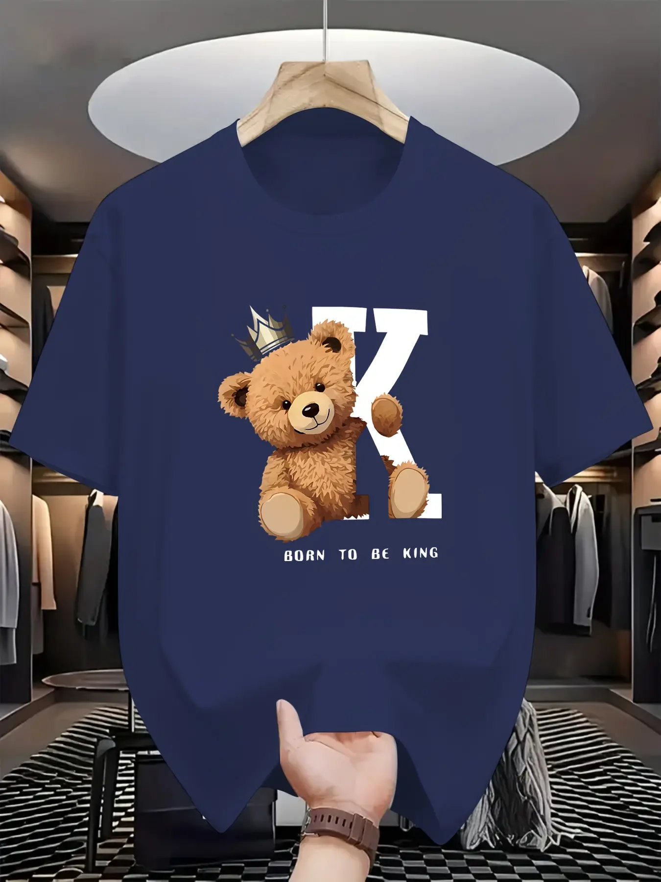 Men's summer 100% pure cotton fashionable casual loose fit big k bear graphic printed round neck short sleeved T-shirt top