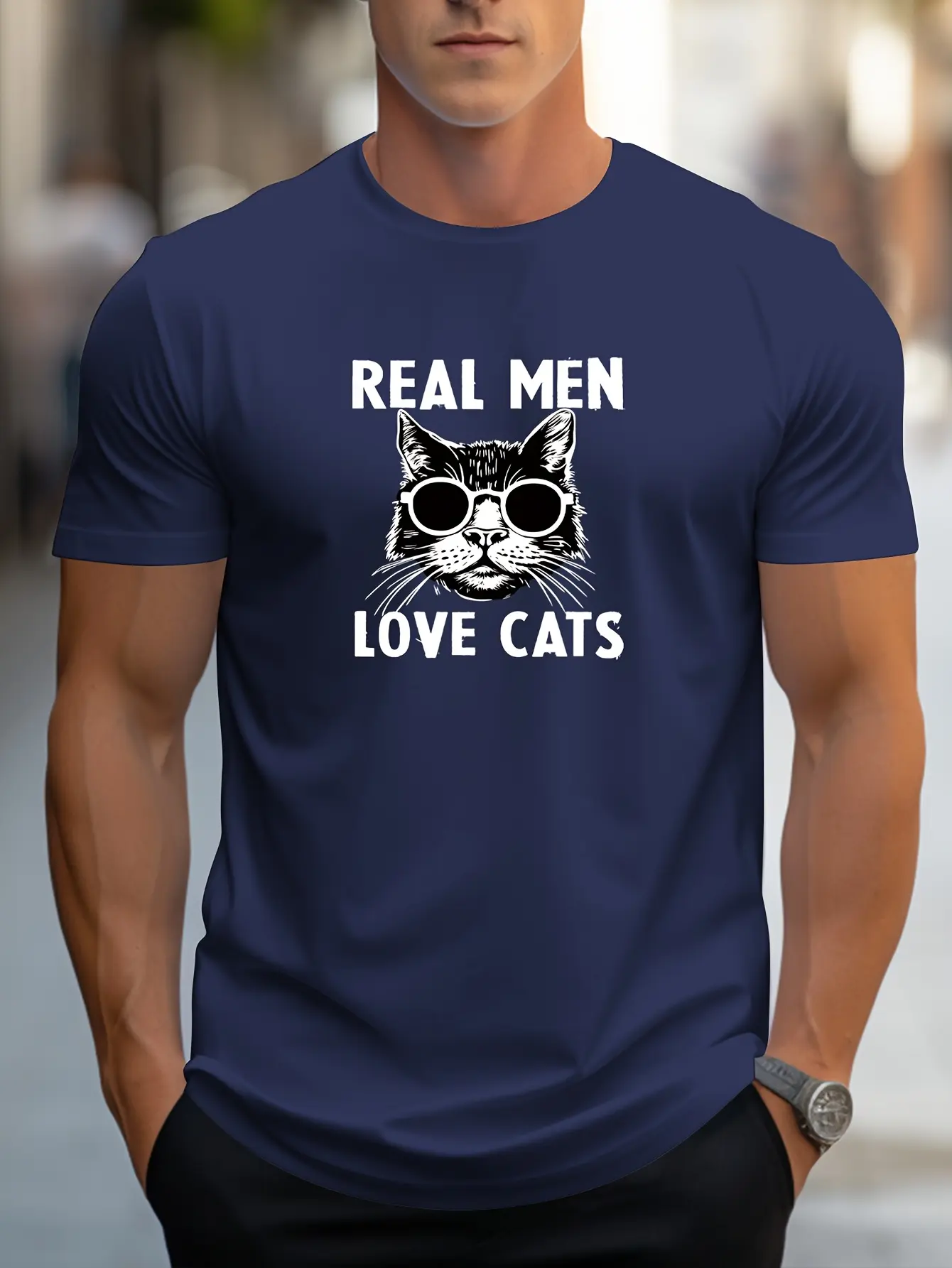 Men's summer 100% pure cotton fashionable casual loose true men love cats print round neck short sleeved T-shirt top
