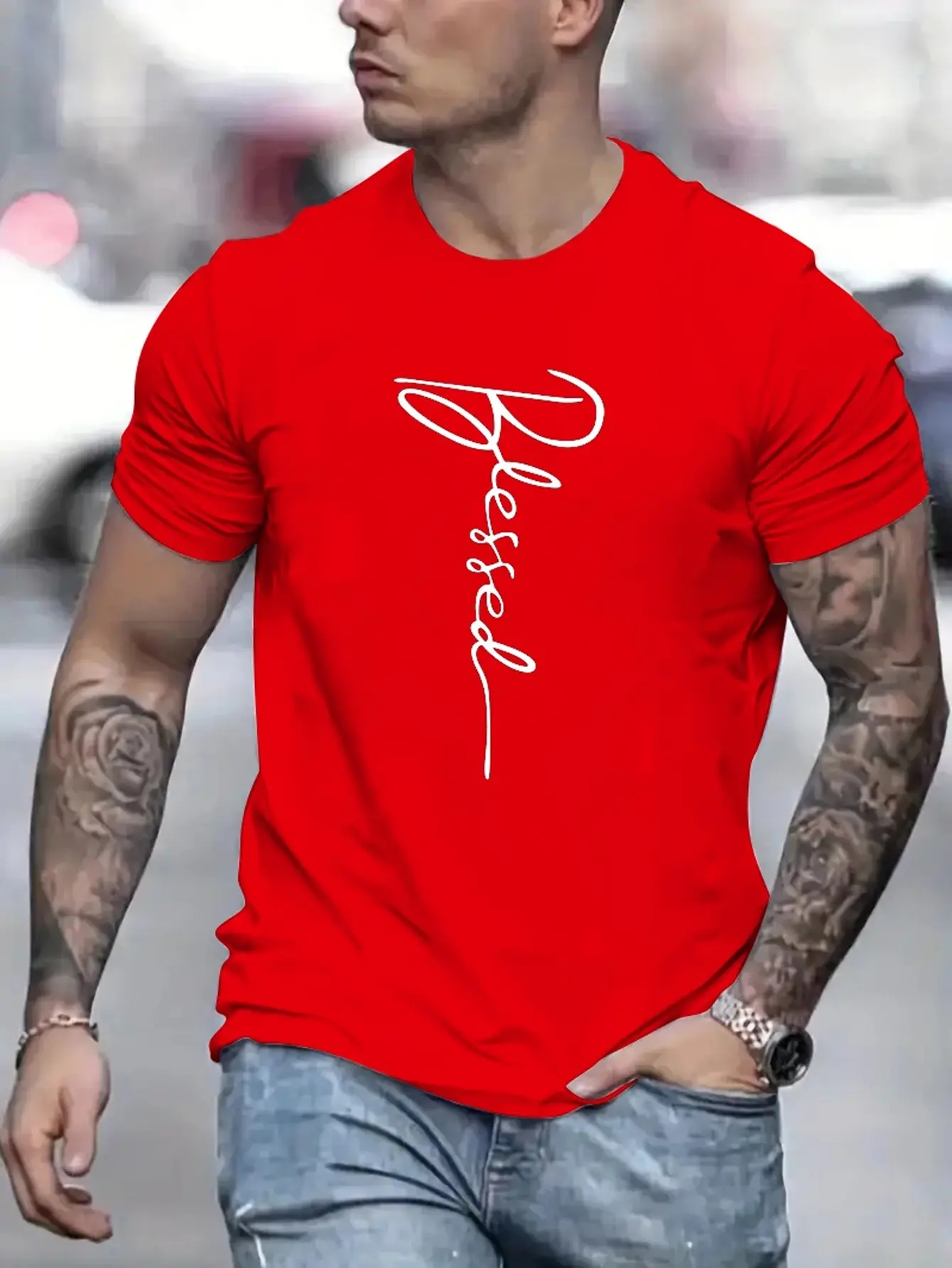 Men's 100% cotton summer loose fit oversized Blessed printed slim fit casual sports round neck short sleeved T-shirt top