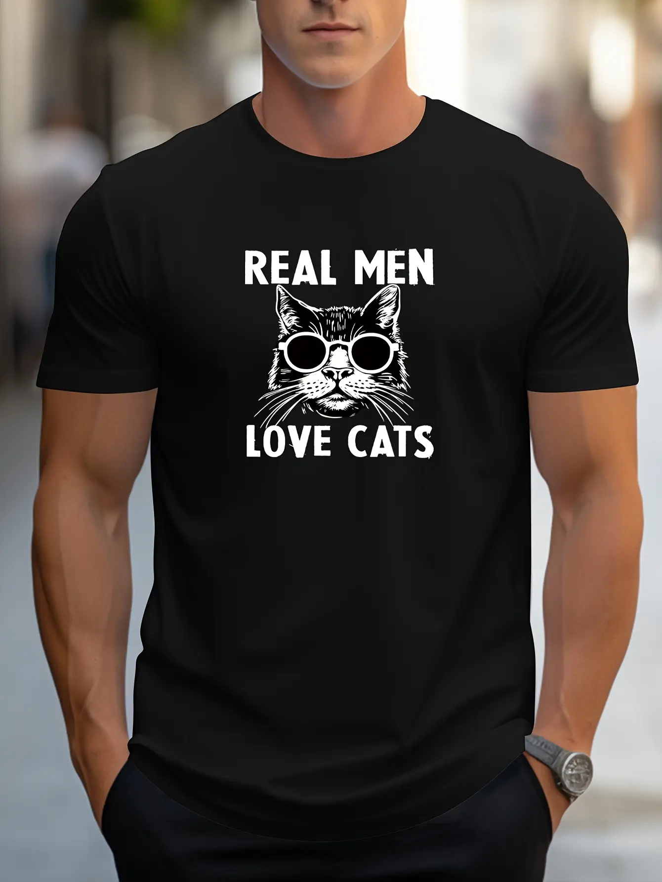 Men's summer 100% pure cotton fashionable casual loose true men love cats print round neck short sleeved T-shirt top