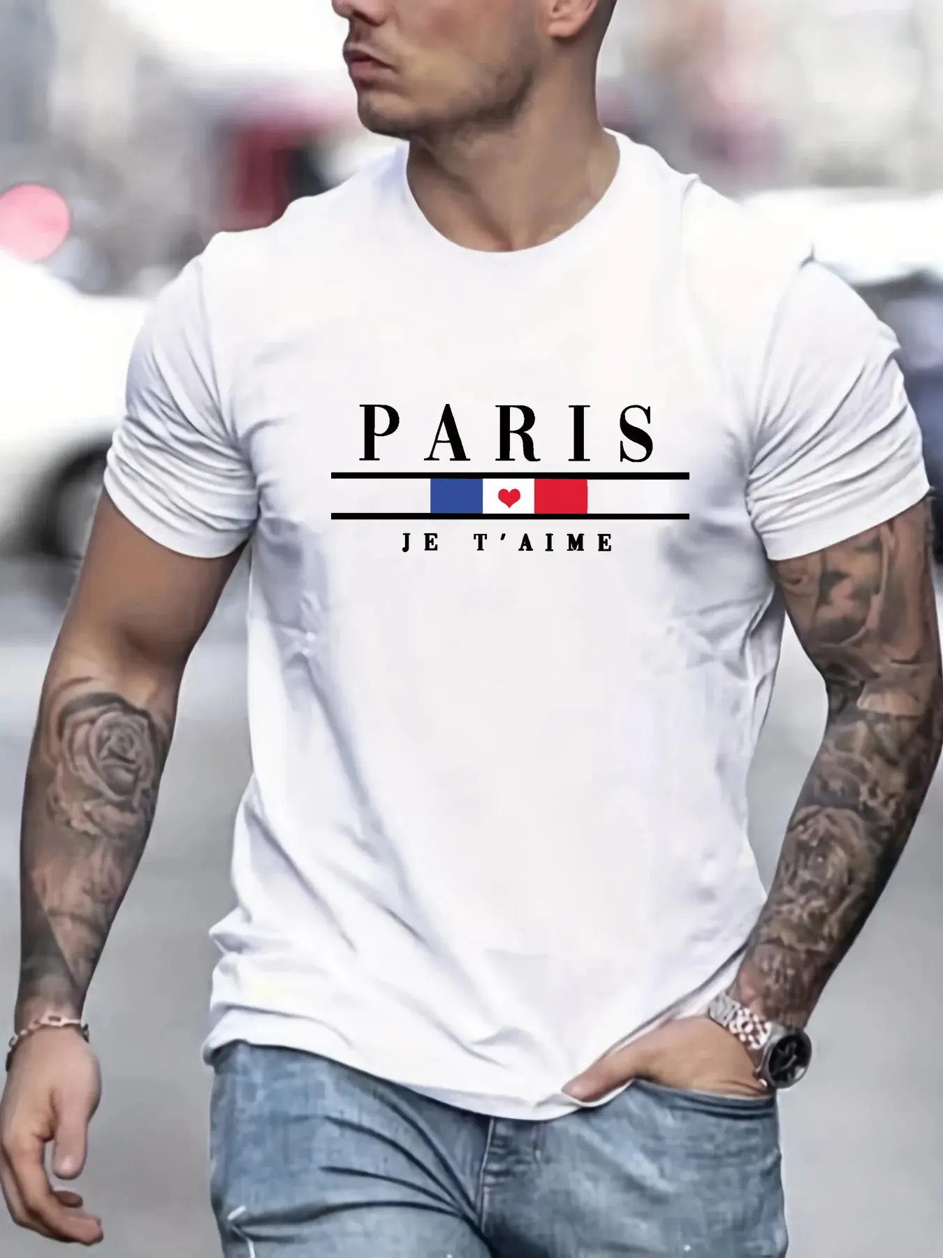 Men's 100% pure cotton summer loose size PARIS letter pattern print casual comfortable round neck short sleeved T-shirt top