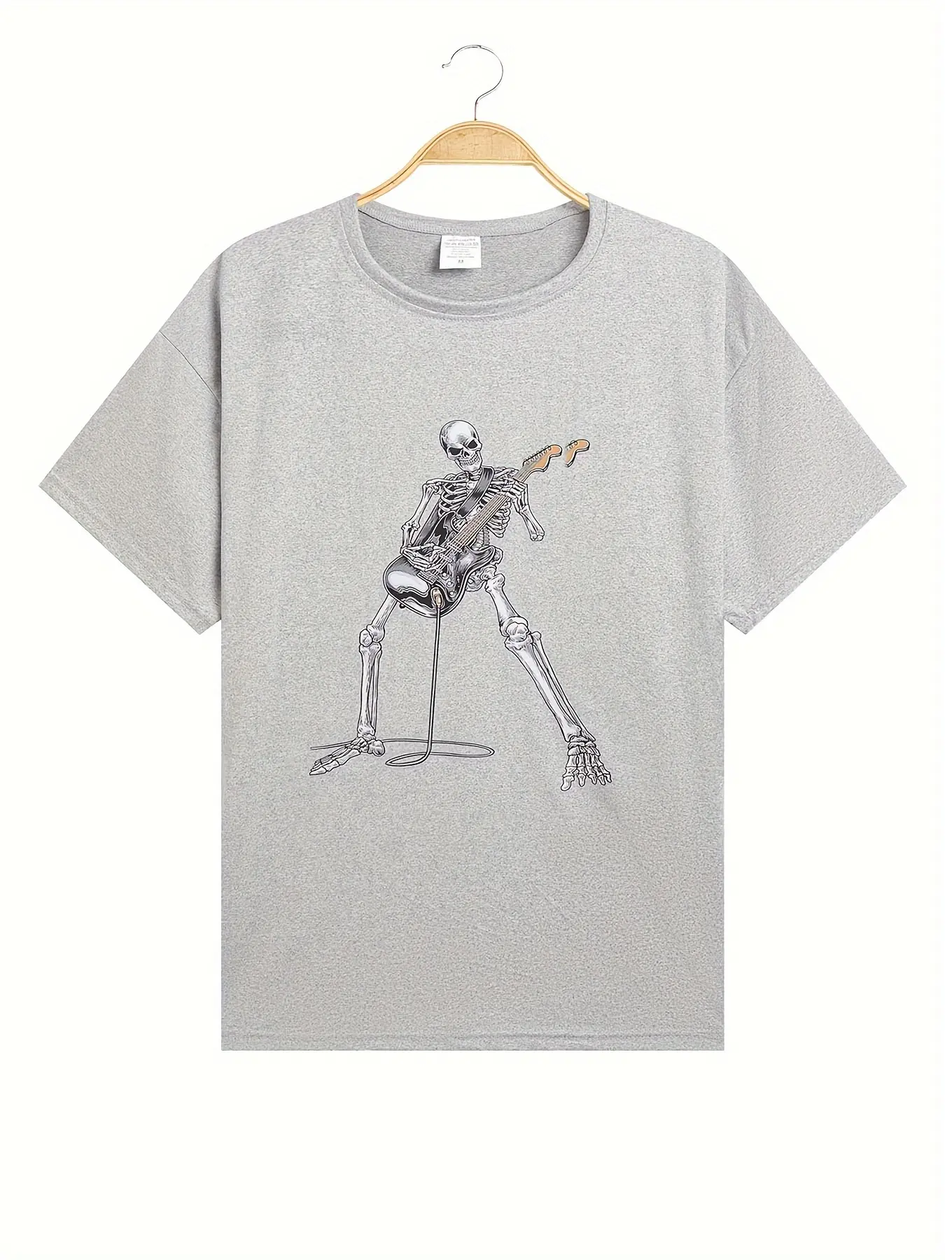 Men's Summer 100% Cotton Fashionable Casual Loose Happy Skull Guitar Pattern Printed Round Neck Short Sleeve T-shirt Top
