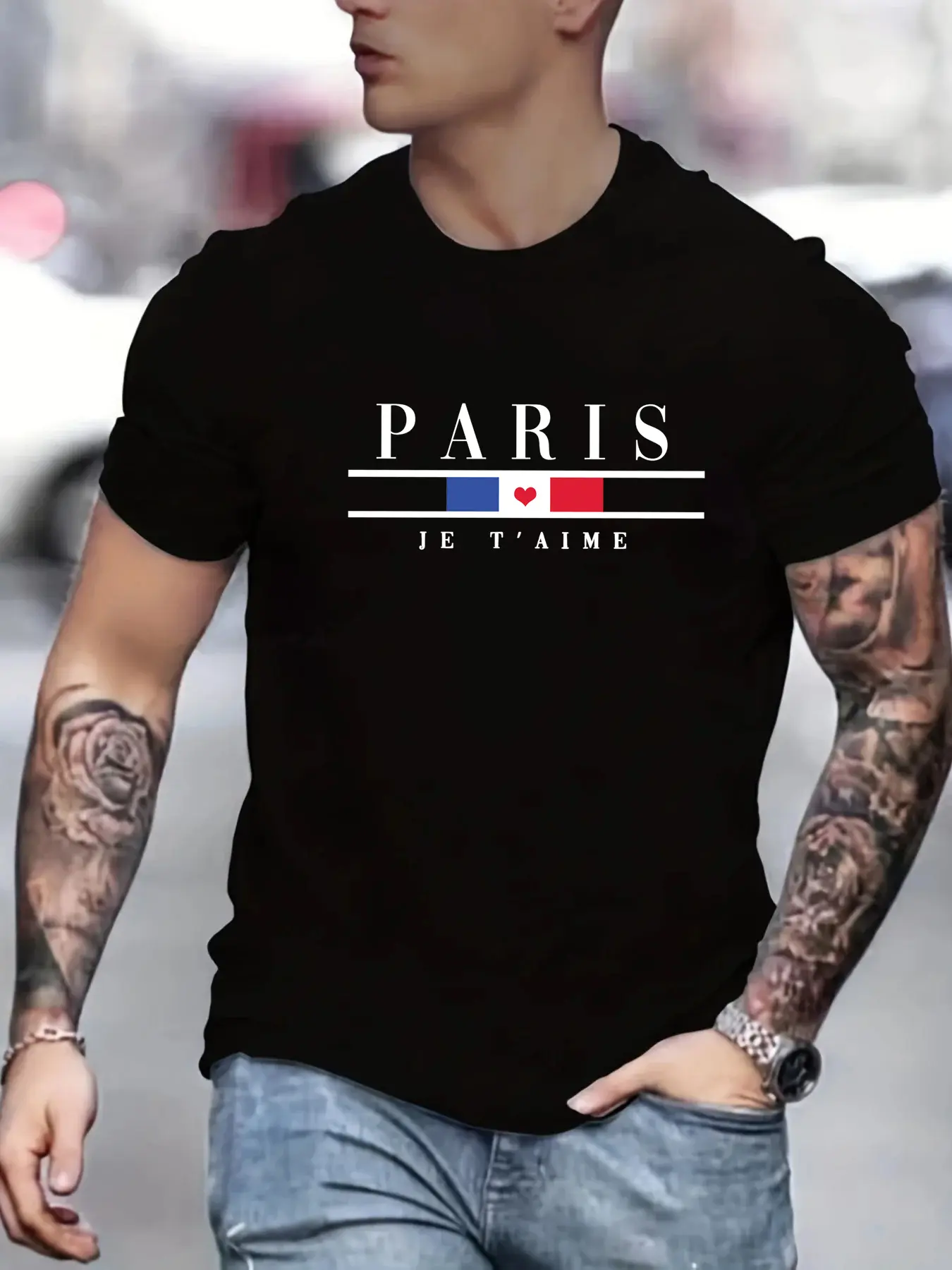 Men's 100% pure cotton summer loose size PARIS letter pattern print casual comfortable round neck short sleeved T-shirt top