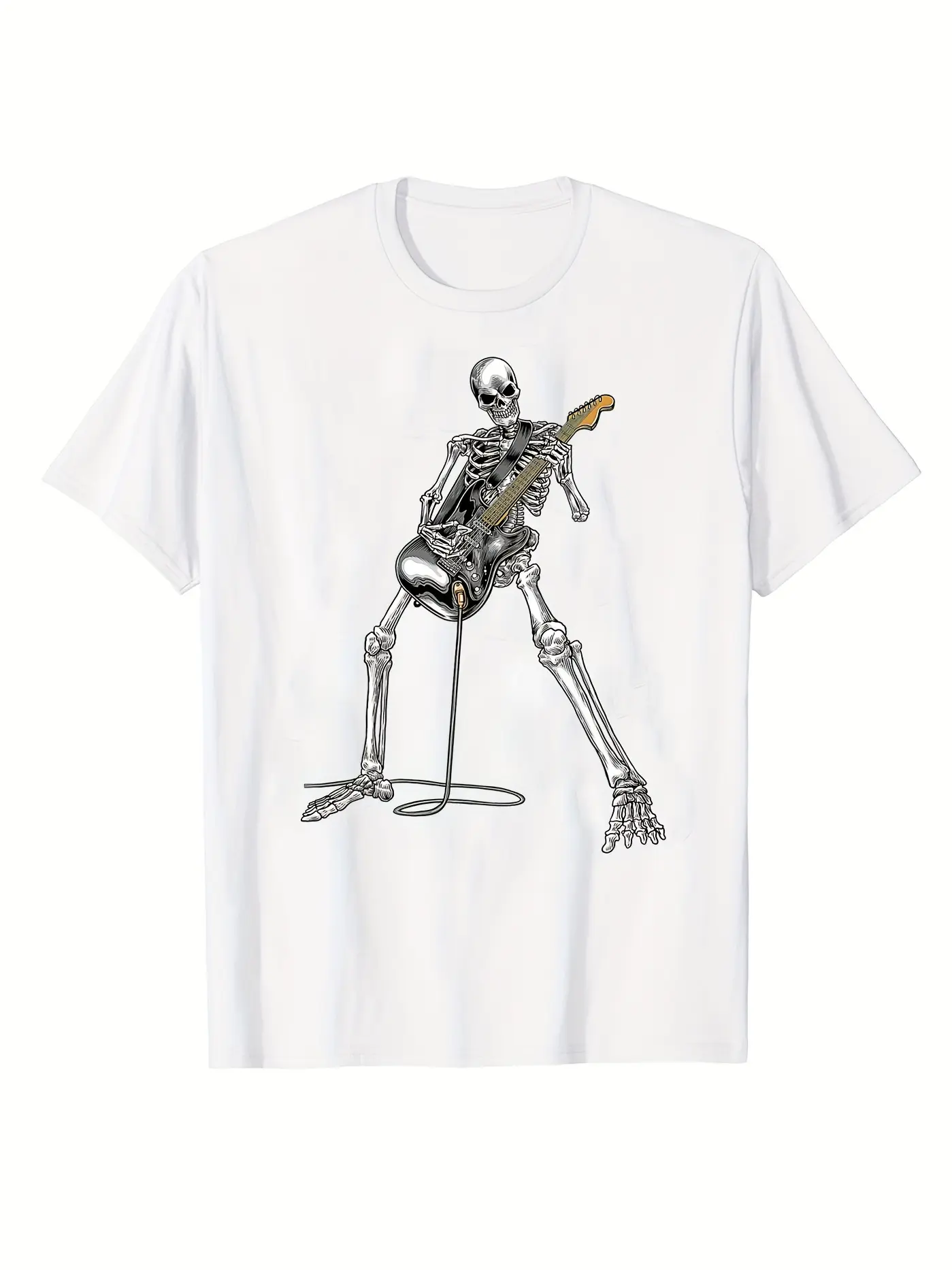 Men's Summer 100% Cotton Fashionable Casual Loose Happy Skull Guitar Pattern Printed Round Neck Short Sleeve T-shirt Top