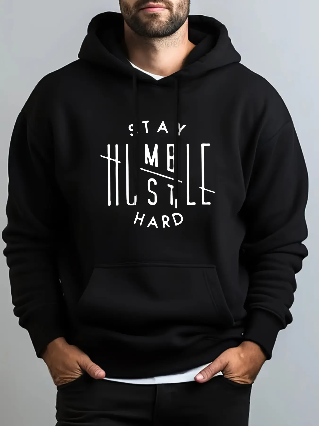 Men's autumn and winter casual loose plus size sports Stay Humble printed fleece warm pullover hooded long sleeved sweatshirt
