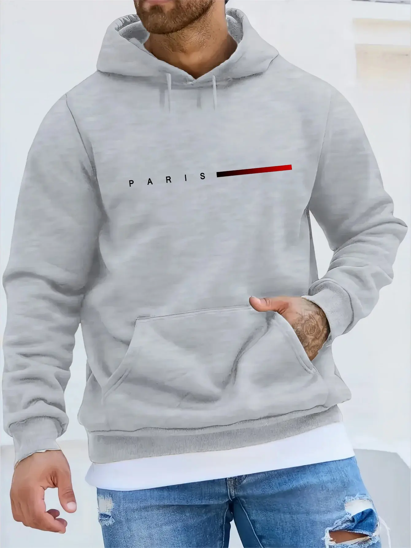 Men's autumn and winter casual fashion loose plus size Paris letter printed fleece warm pullover long sleeved hooded sweatshirt