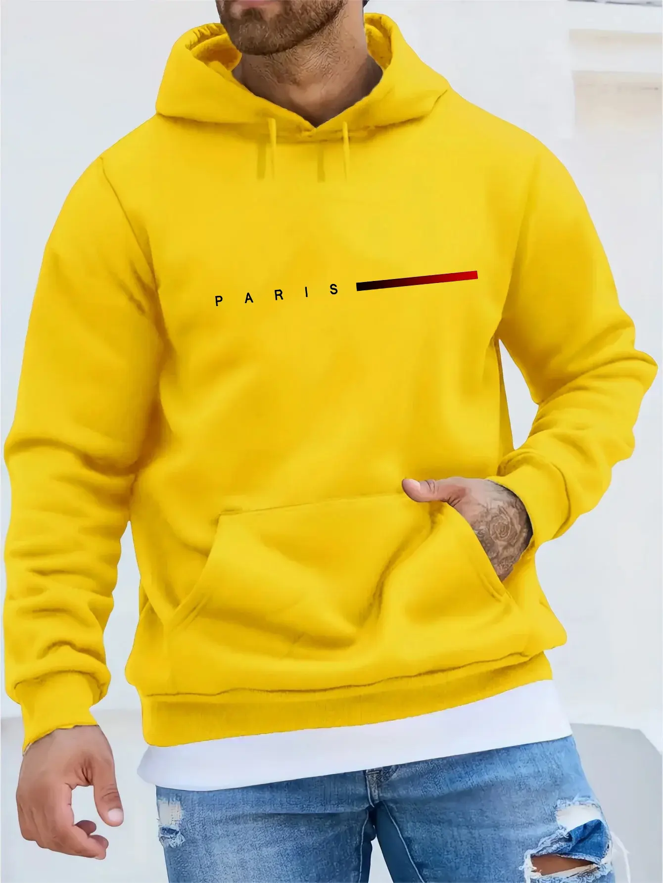Men's autumn and winter casual fashion loose plus size Paris letter printed fleece warm pullover long sleeved hooded sweatshirt
