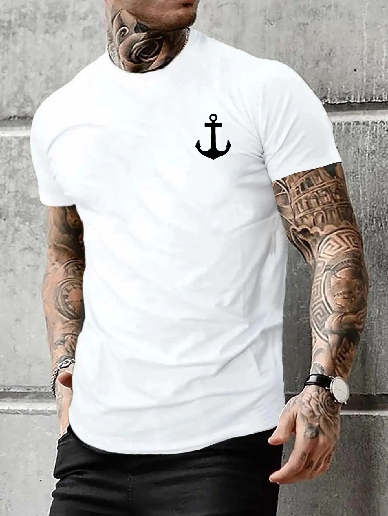 Men's Summer Casual Loose Size 100% Cotton Anchor pattern Print Round Neck Short Sleeve T-shirt Top
