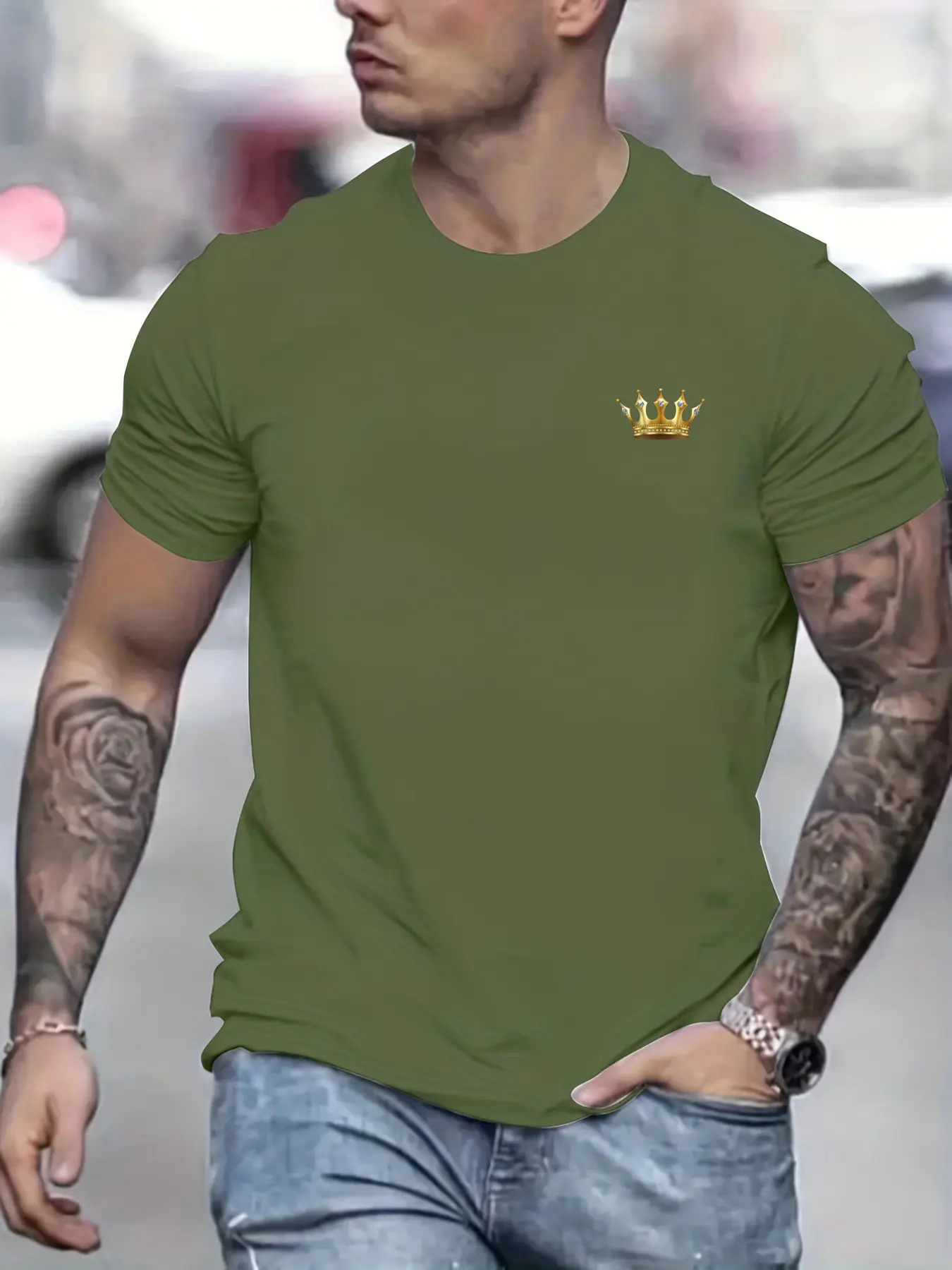 Summer men's 100% cotton casual loose fit oversized crown print round neck short sleeved T-shirt top