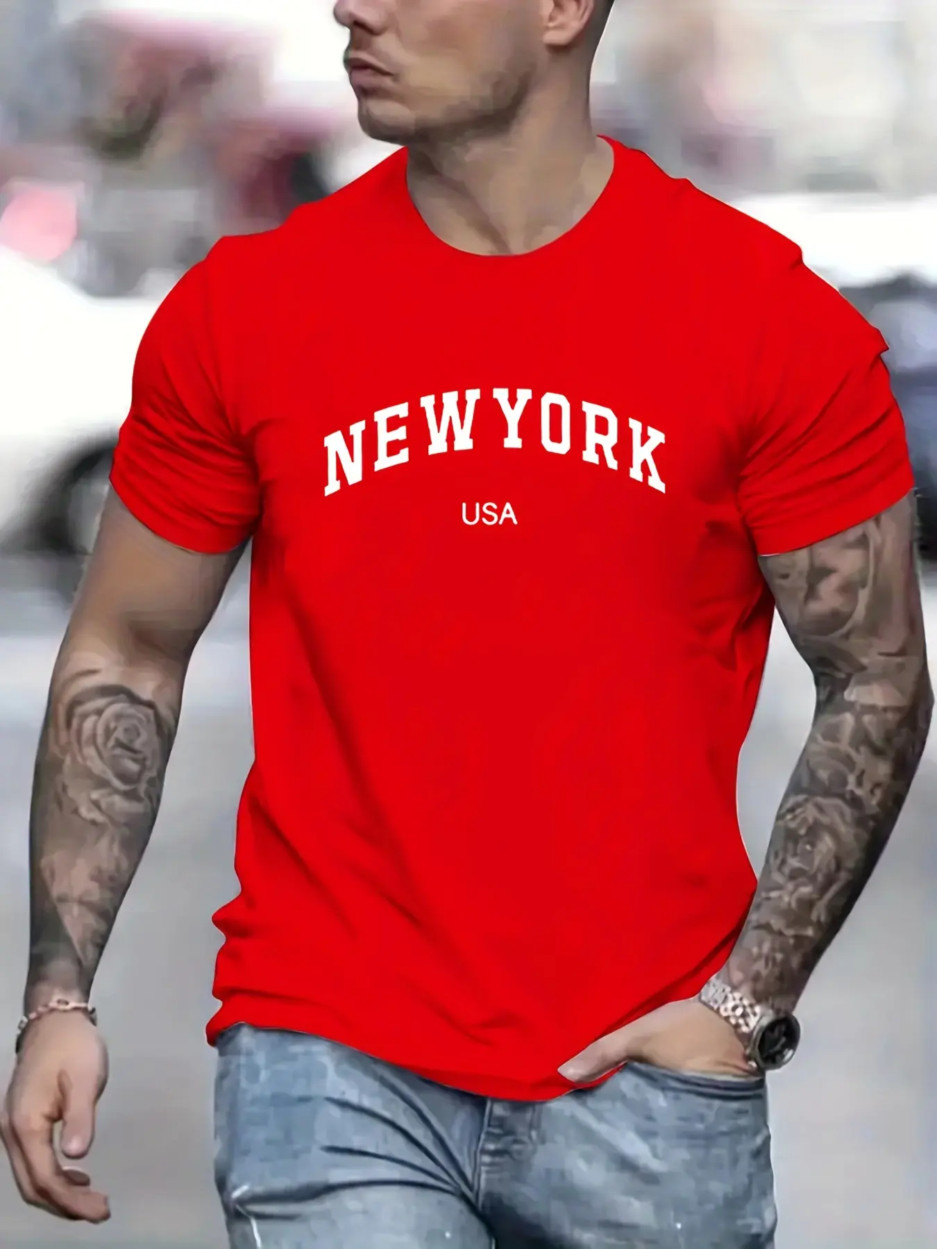 Men's Summer New York Usa Printed 100% Cotton Large Loose Round Neck Short Sleeve T-shirt Top