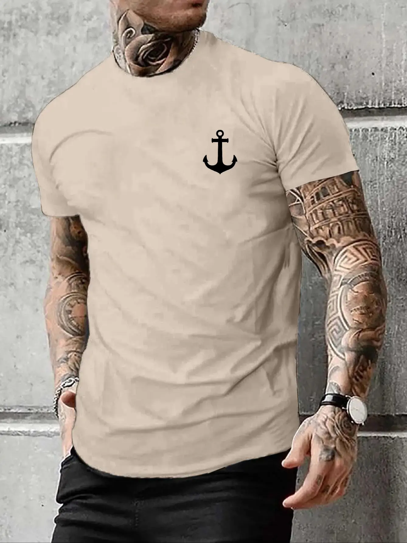 Men's Summer Casual Loose Size 100% Cotton Anchor pattern Print Round Neck Short Sleeve T-shirt Top